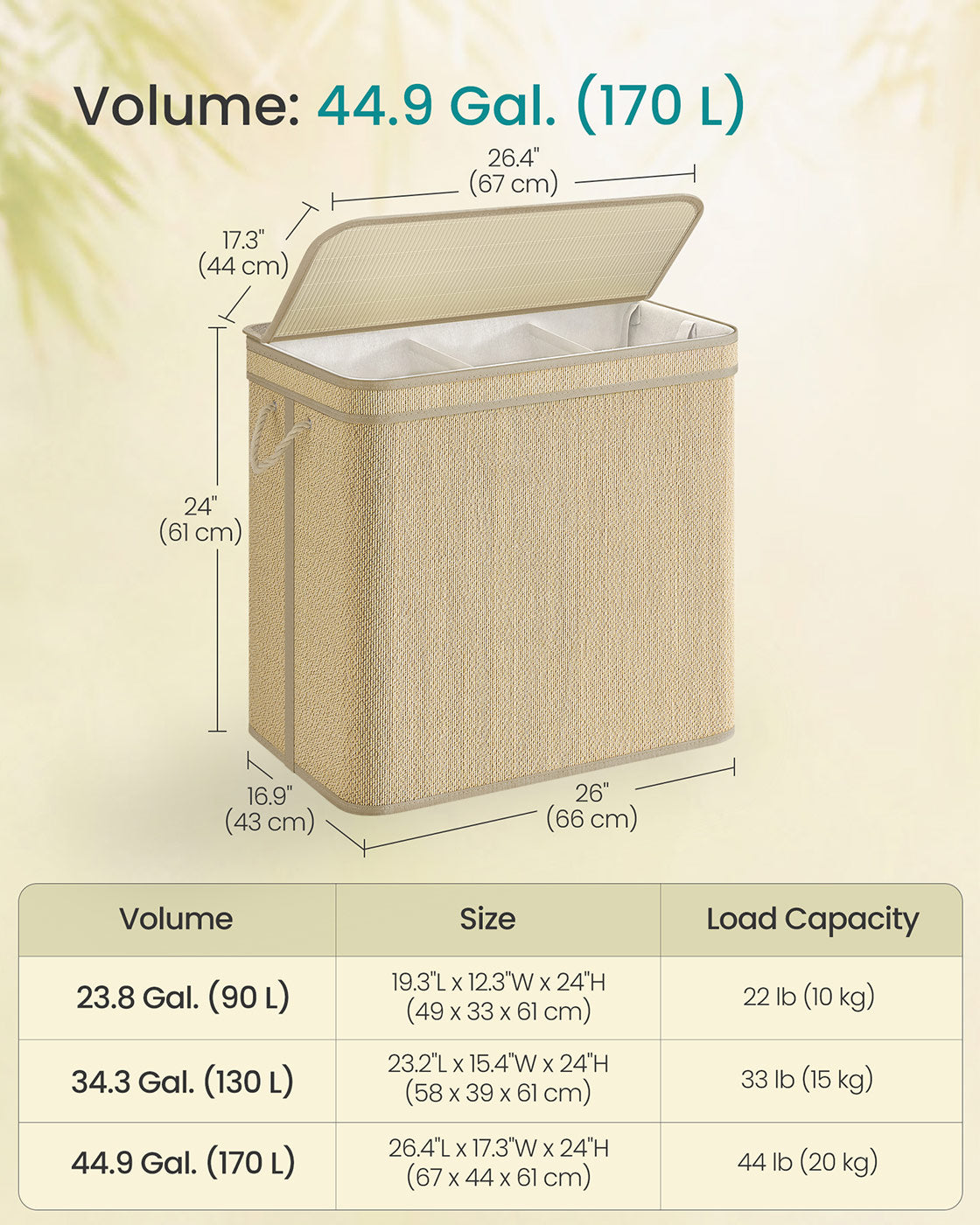 Laundry Basket - Bamboo - Natural - 170 L Capacity with Removable Liner and Lid