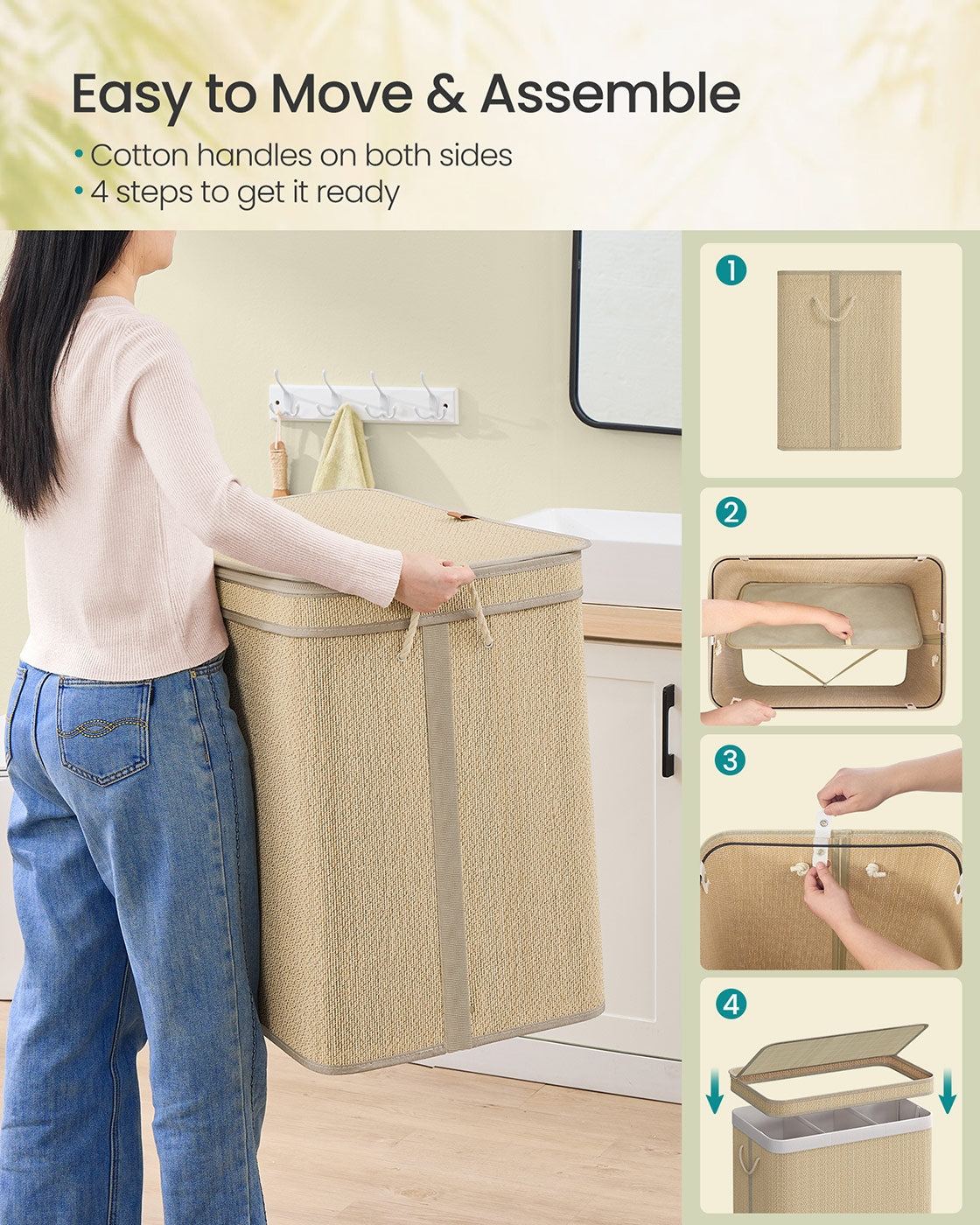Laundry Basket - Bamboo - Natural - 170 L Capacity with Removable Liner and Lid
