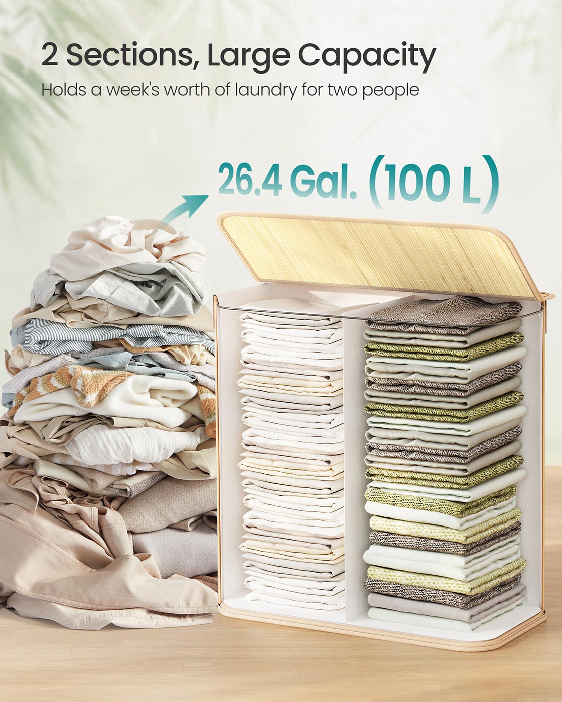 Laundry Basket - Bamboo - Natural - Foldable with Removable and Machine Washable Liner