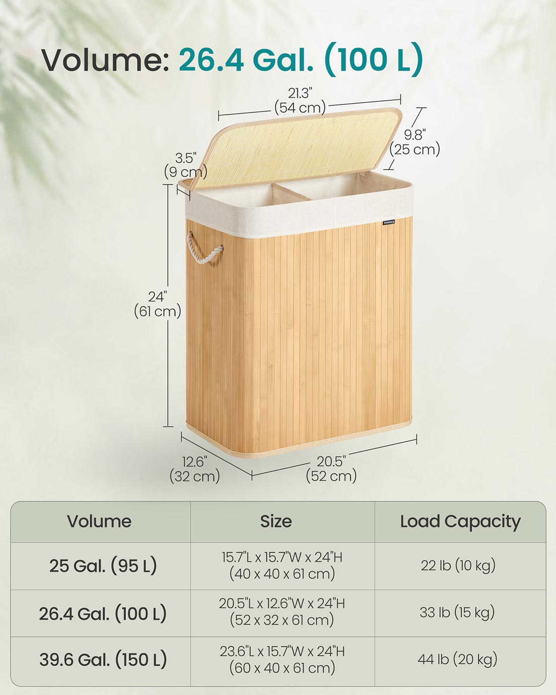 Laundry Basket - Bamboo - Natural - Foldable with Removable and Machine Washable Liner