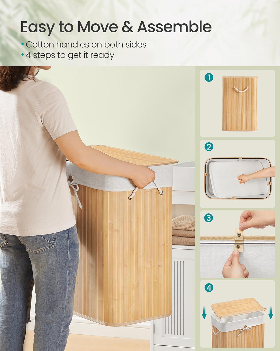 Laundry Basket - Bamboo - Natural - Foldable with Removable and Machine Washable Liner