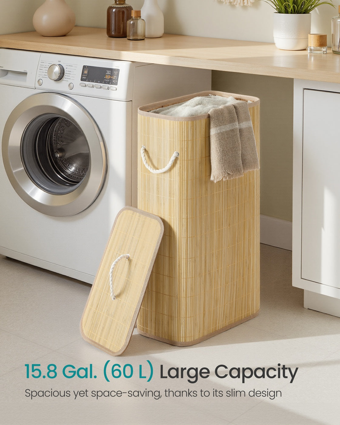 Laundry Basket with Lid - 60L - Bamboo - Collapsible