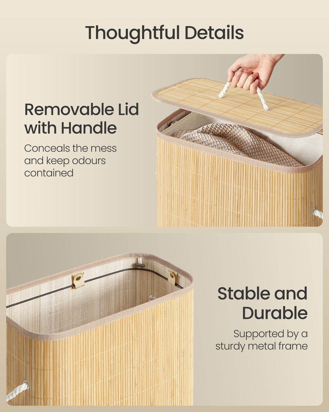 Laundry Basket with Lid - 60L - Bamboo - Collapsible