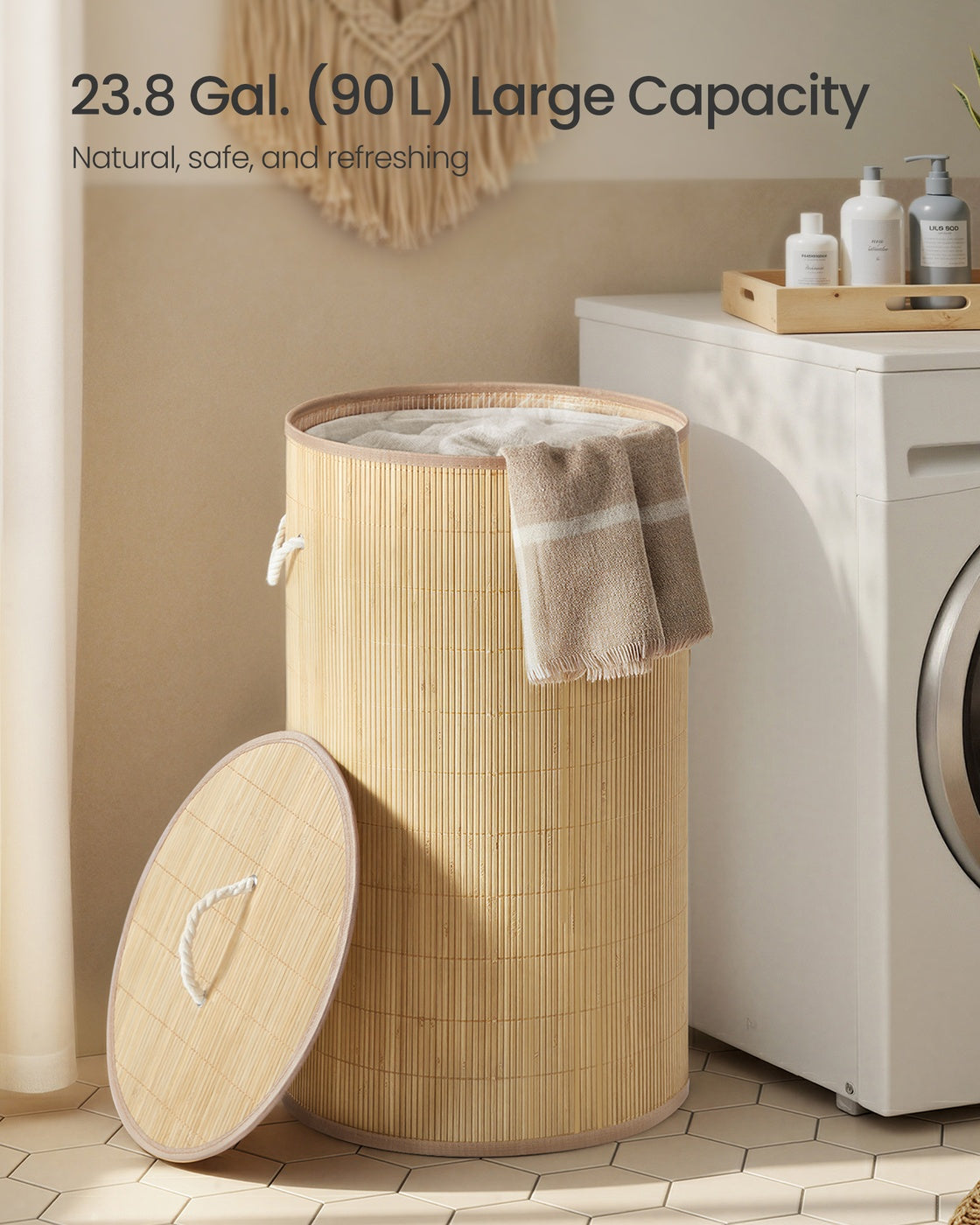 Laundry Basket with Lid - 90L - Bamboo - Collapsible