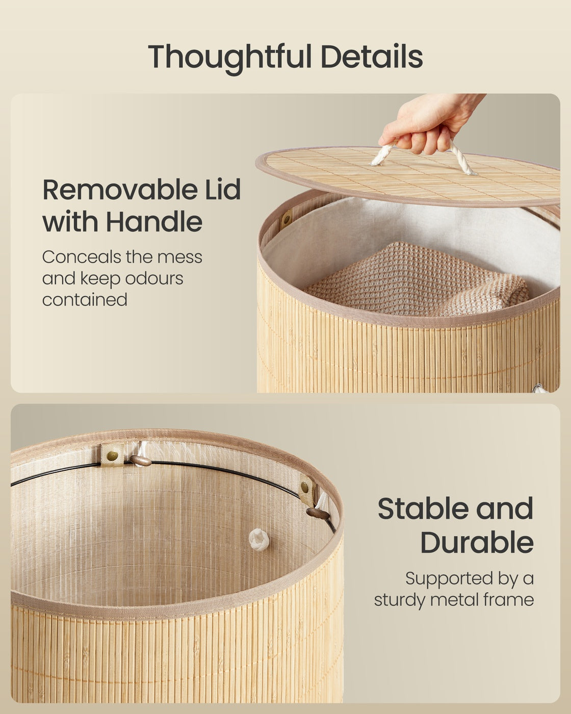Laundry Basket with Lid - 90L - Bamboo - Collapsible