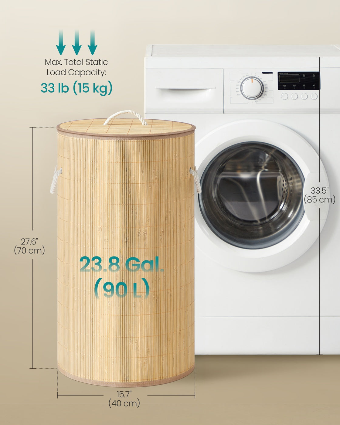 Laundry Basket with Lid - 90L - Bamboo - Collapsible