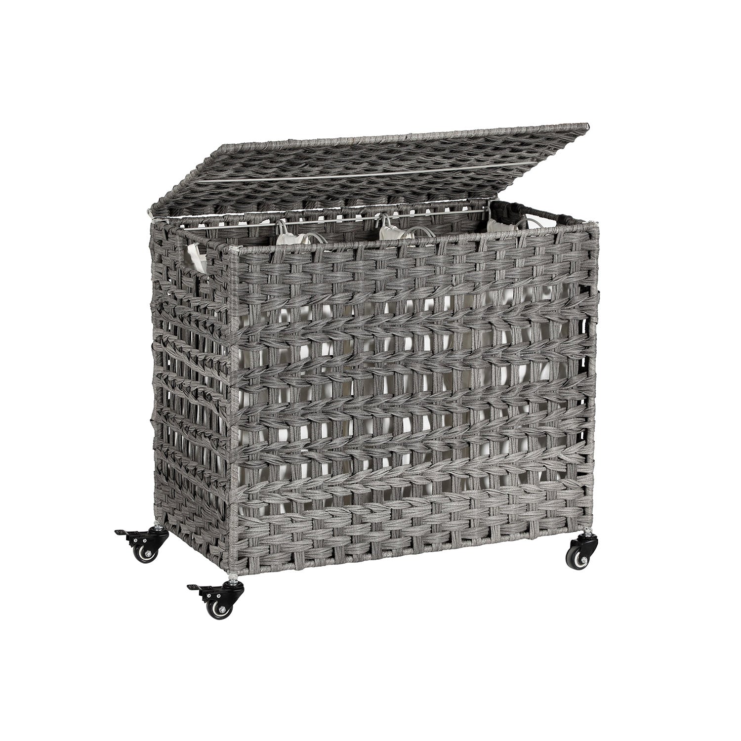 Handwoven Laundry Basket - Rattan - Grey - Features 3 Separate Compartments with Lid and Removable Liner Bags