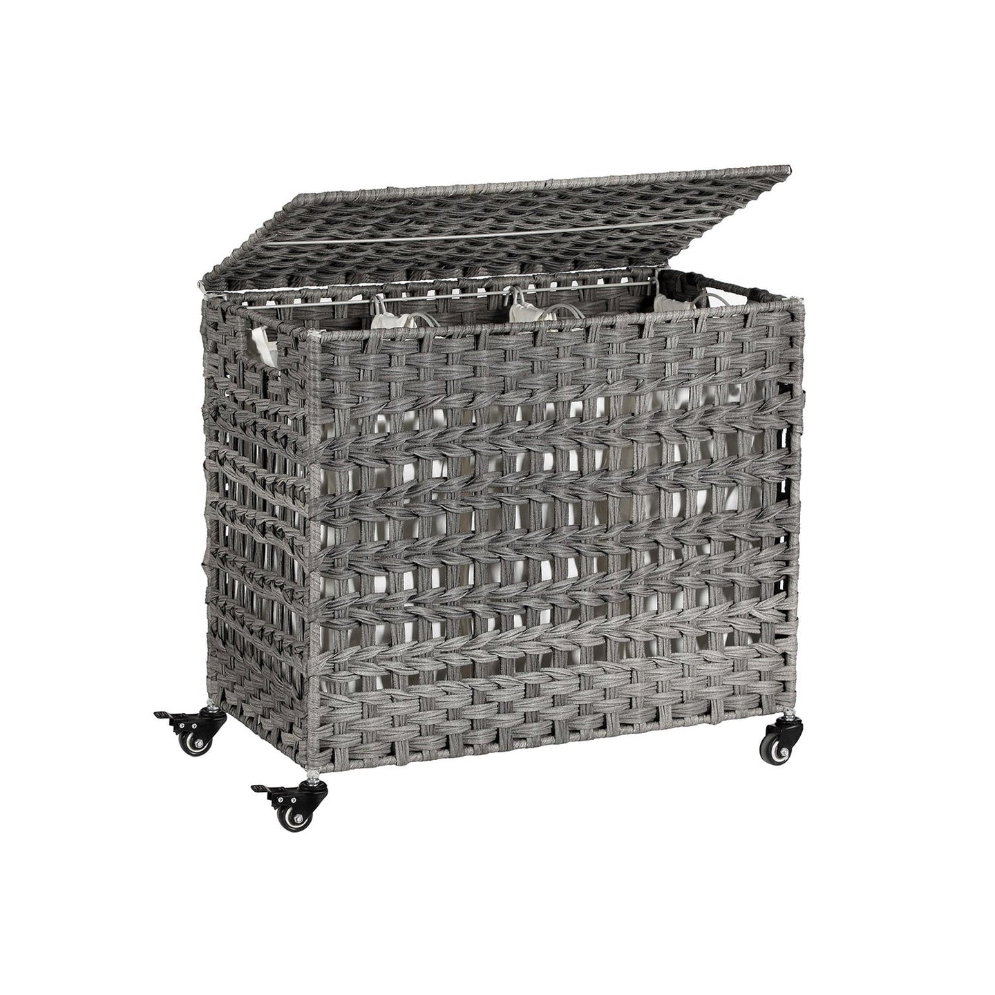 Handwoven Laundry Basket - Rattan - Grey - Features 3 Separate Compartments with Lid and Removable Liner Bags