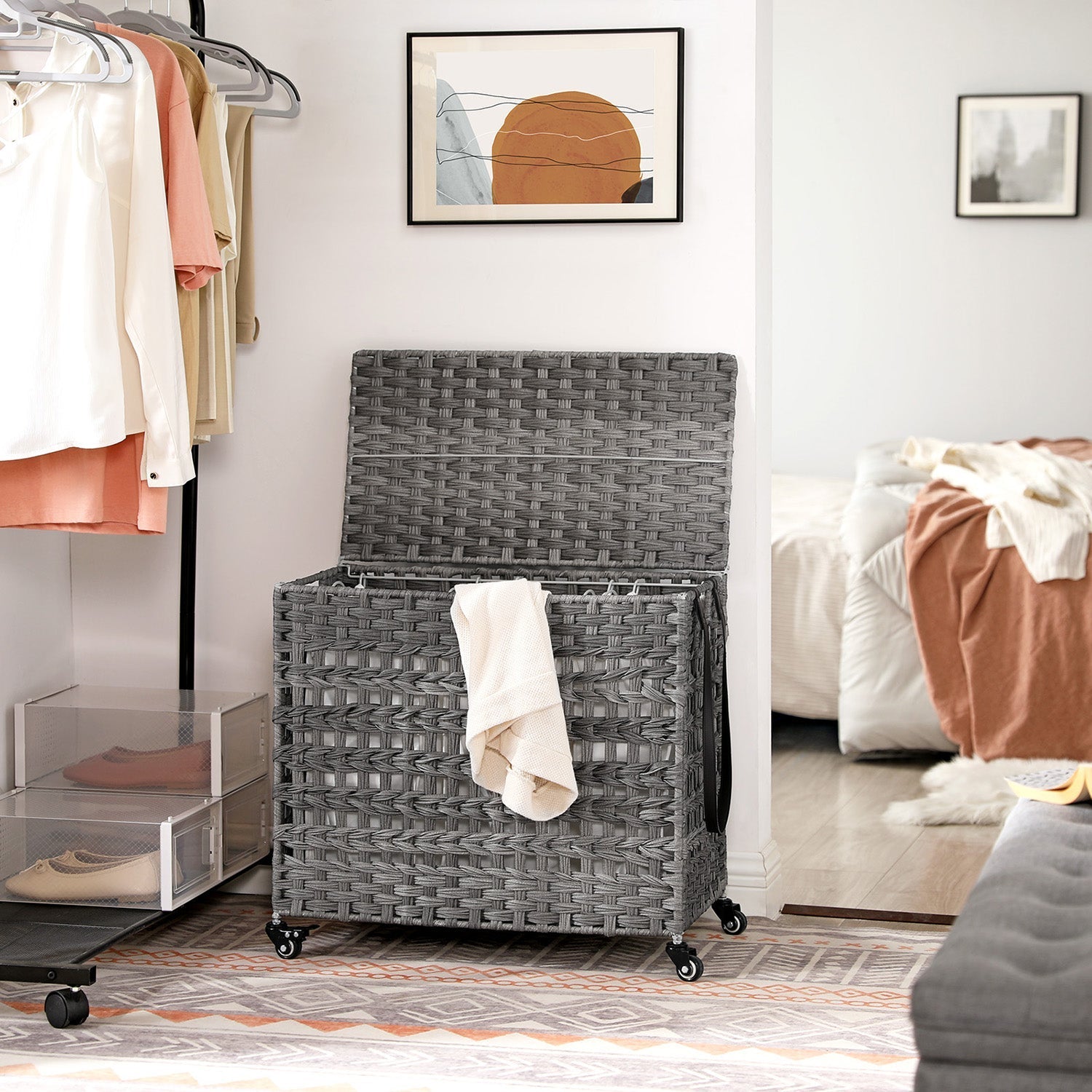 Handwoven Laundry Basket - Rattan - Grey - Features 3 Separate Compartments with Lid and Removable Liner Bags