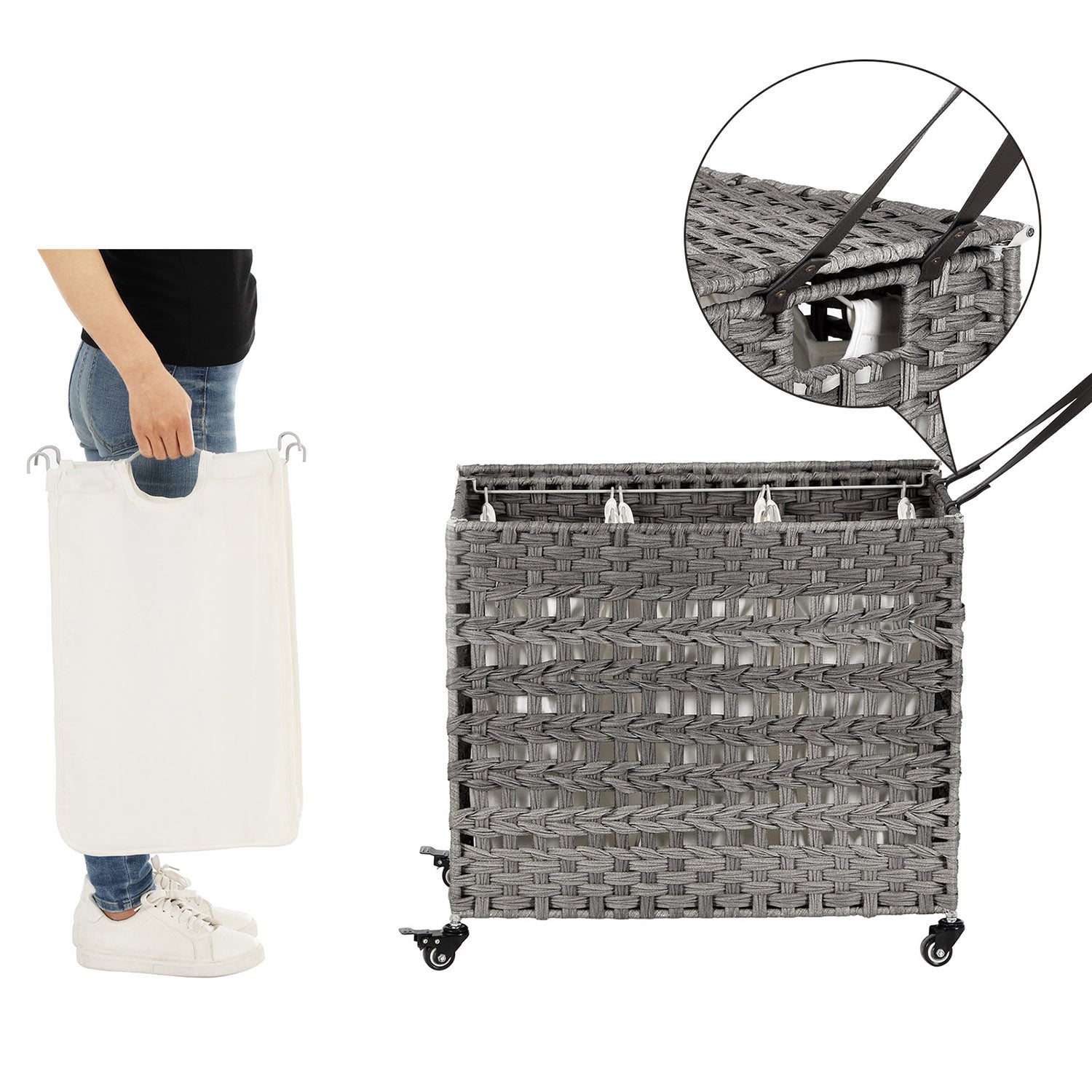 Handwoven Laundry Basket - Rattan - Grey - Features 3 Separate Compartments with Lid and Removable Liner Bags