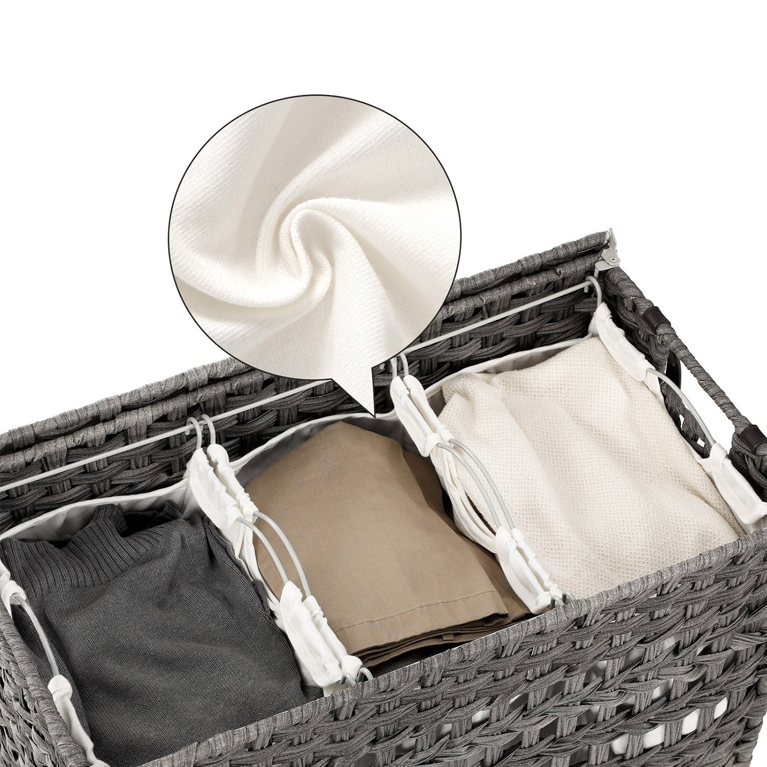 Handwoven Laundry Basket - Rattan - Grey - Features 3 Separate Compartments with Lid and Removable Liner Bags