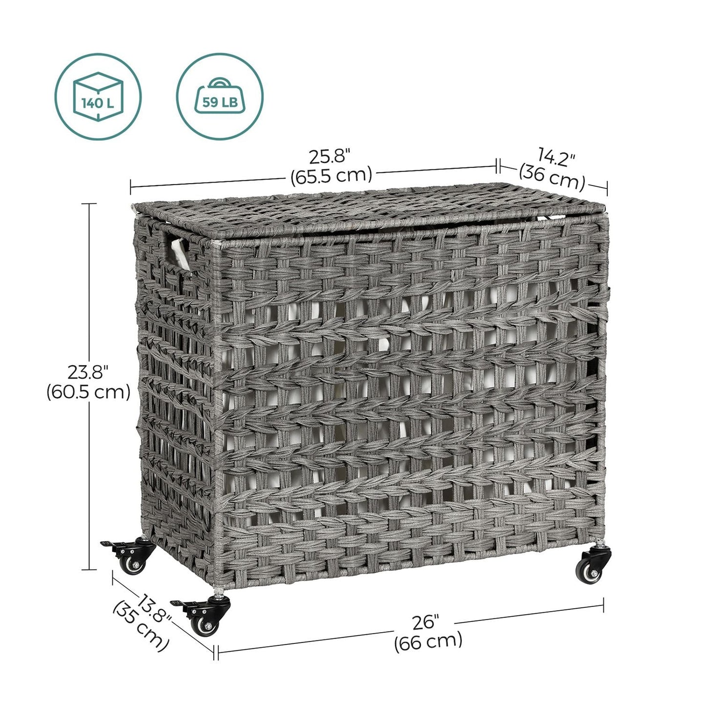 Handwoven Laundry Basket - Rattan - Grey - Features 3 Separate Compartments with Lid and Removable Liner Bags