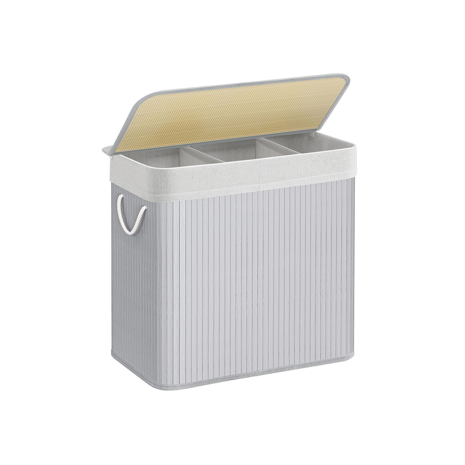 Laundry Hamper - Fabric - Natural - 3 Sections with Clip-on Lid and Handles