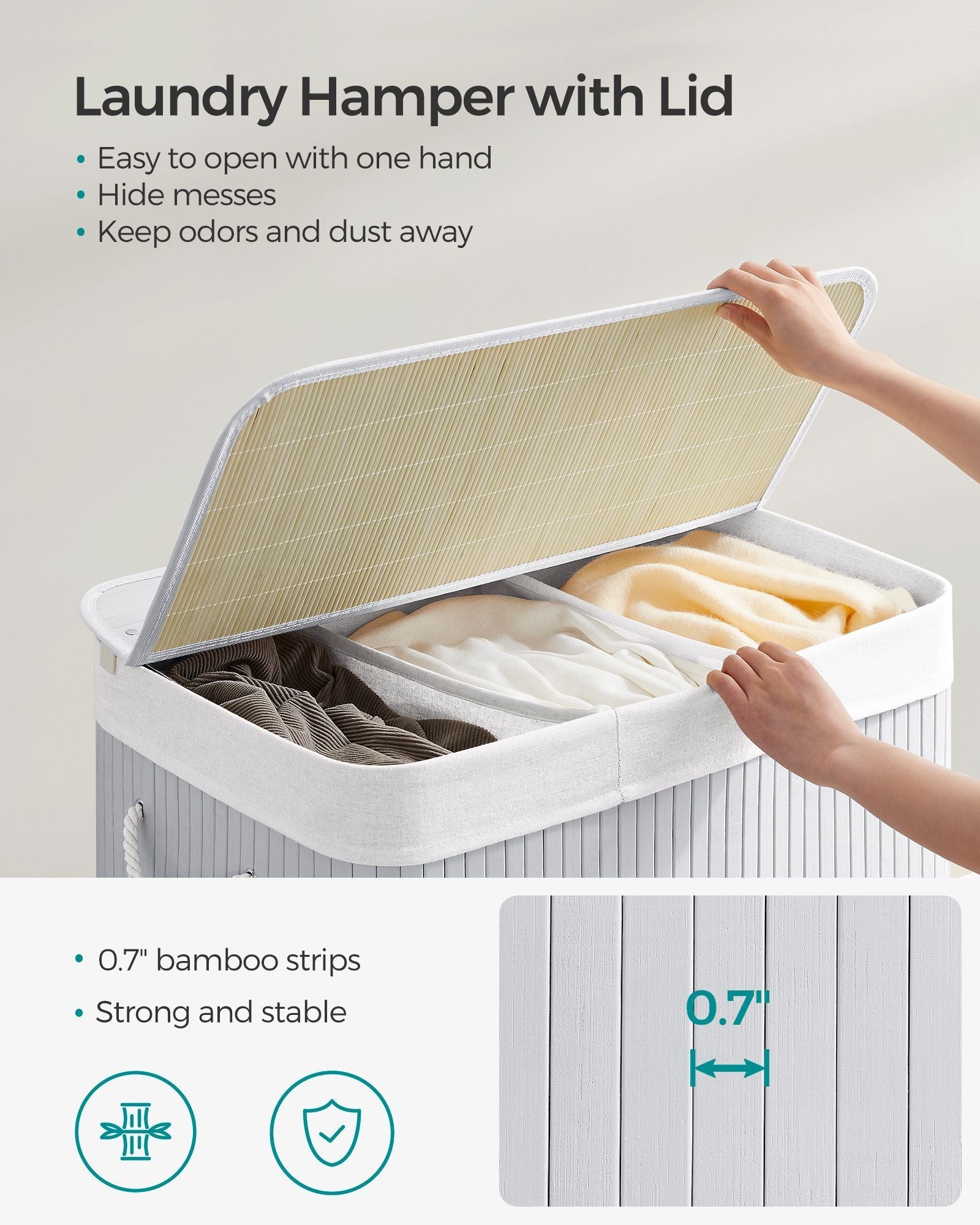 Laundry Hamper - Fabric - Natural - 3 Sections with Clip-on Lid and Handles