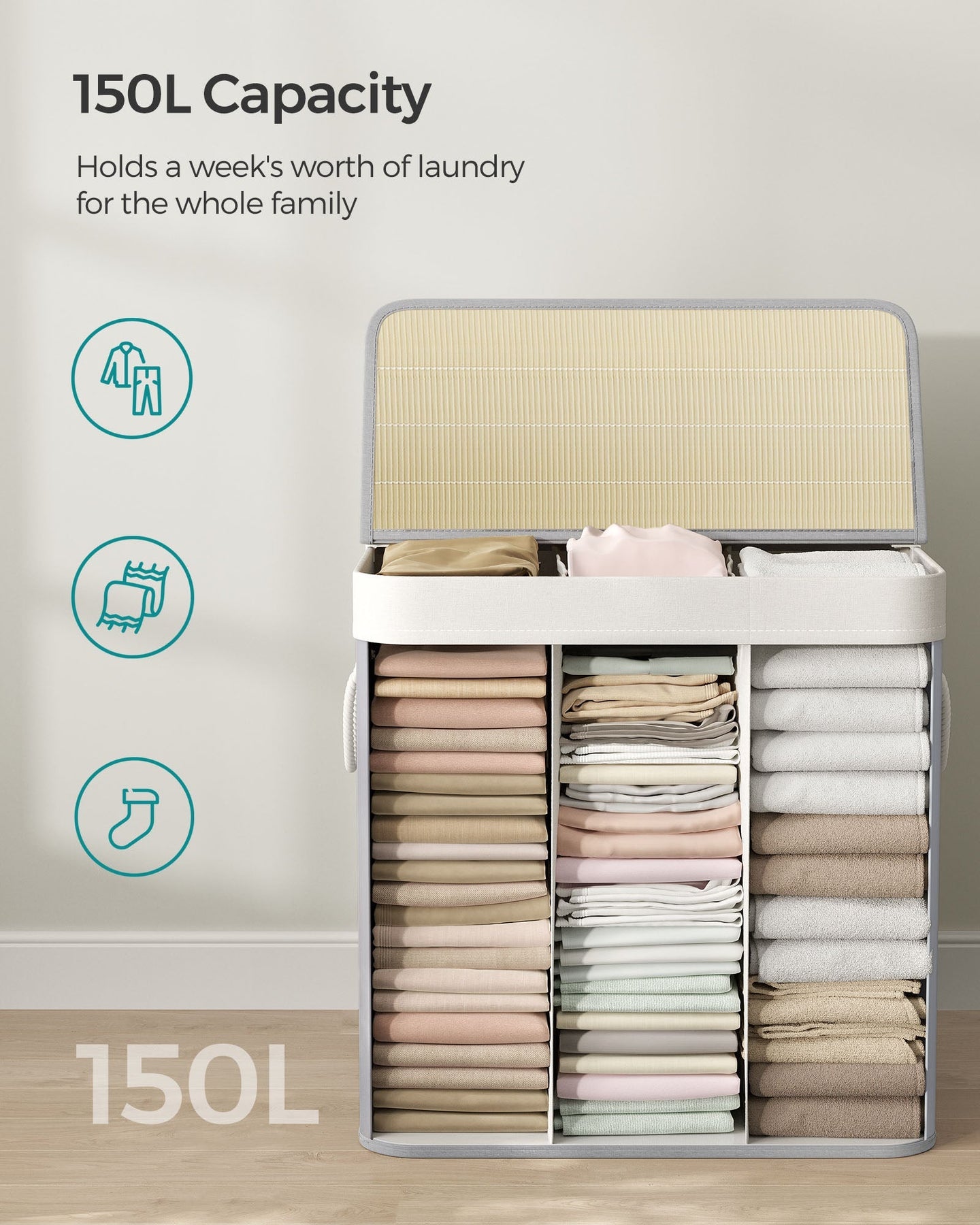 Laundry Hamper - Fabric - Natural - 3 Sections with Clip-on Lid and Handles