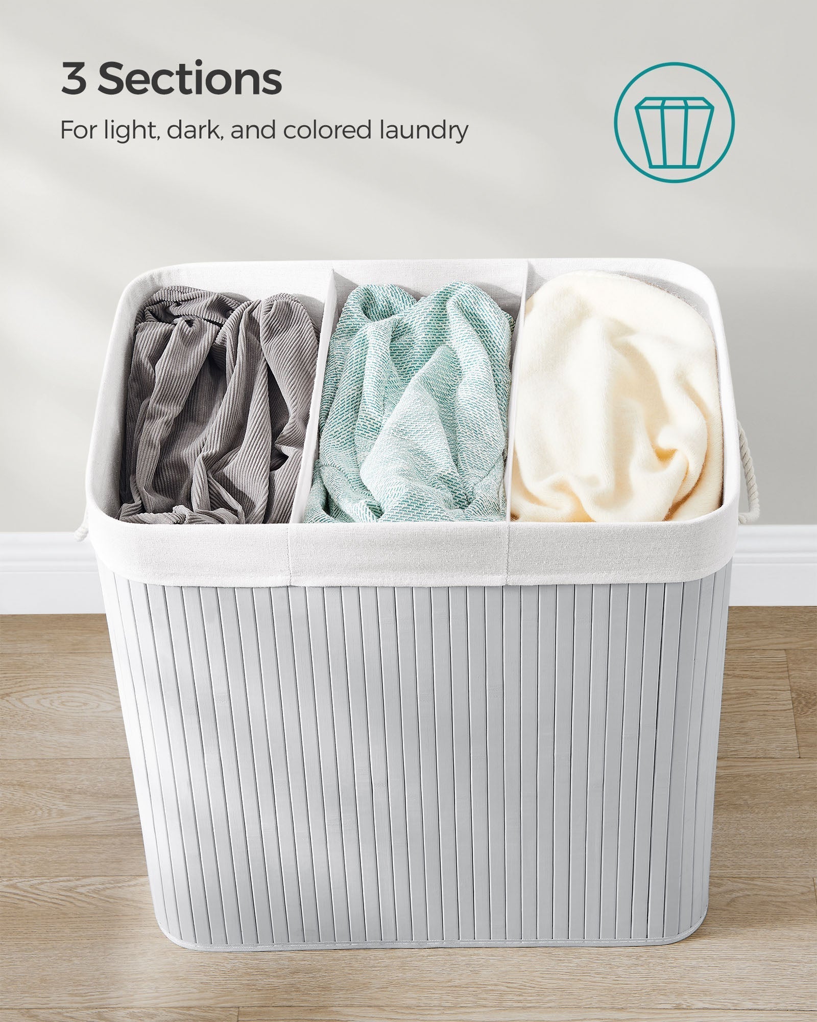 Laundry Hamper - Fabric - Natural - 3 Sections with Clip-on Lid and Handles
