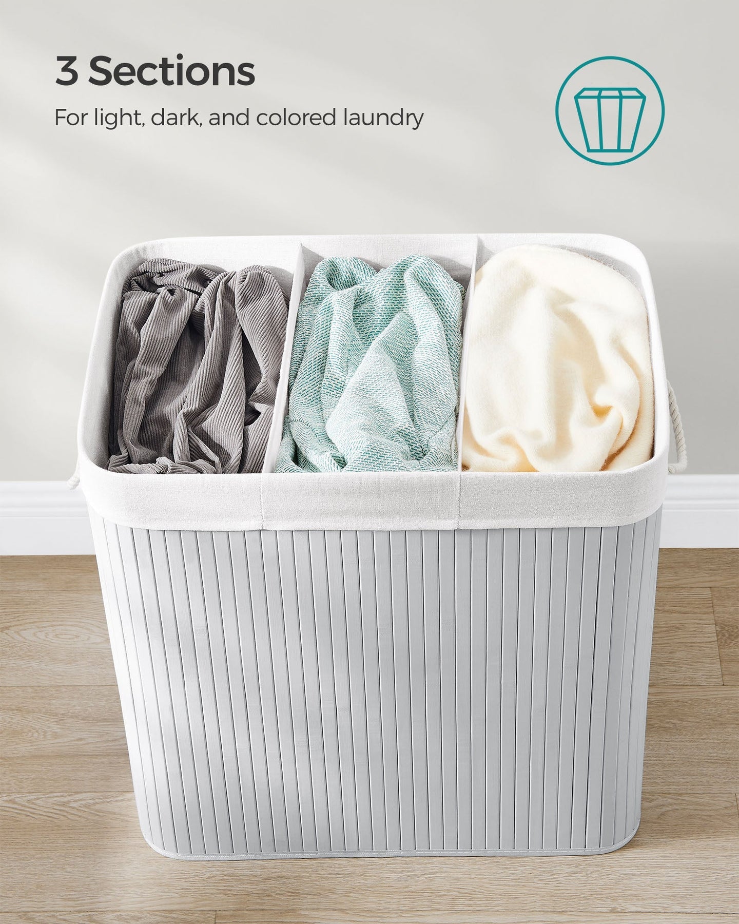 Laundry Hamper - Fabric - Natural - 3 Sections with Clip-on Lid and Handles
