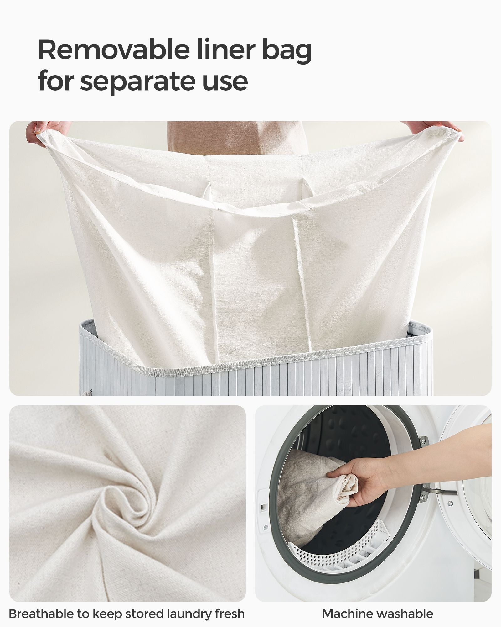 Laundry Hamper - Fabric - Natural - 3 Sections with Clip-on Lid and Handles