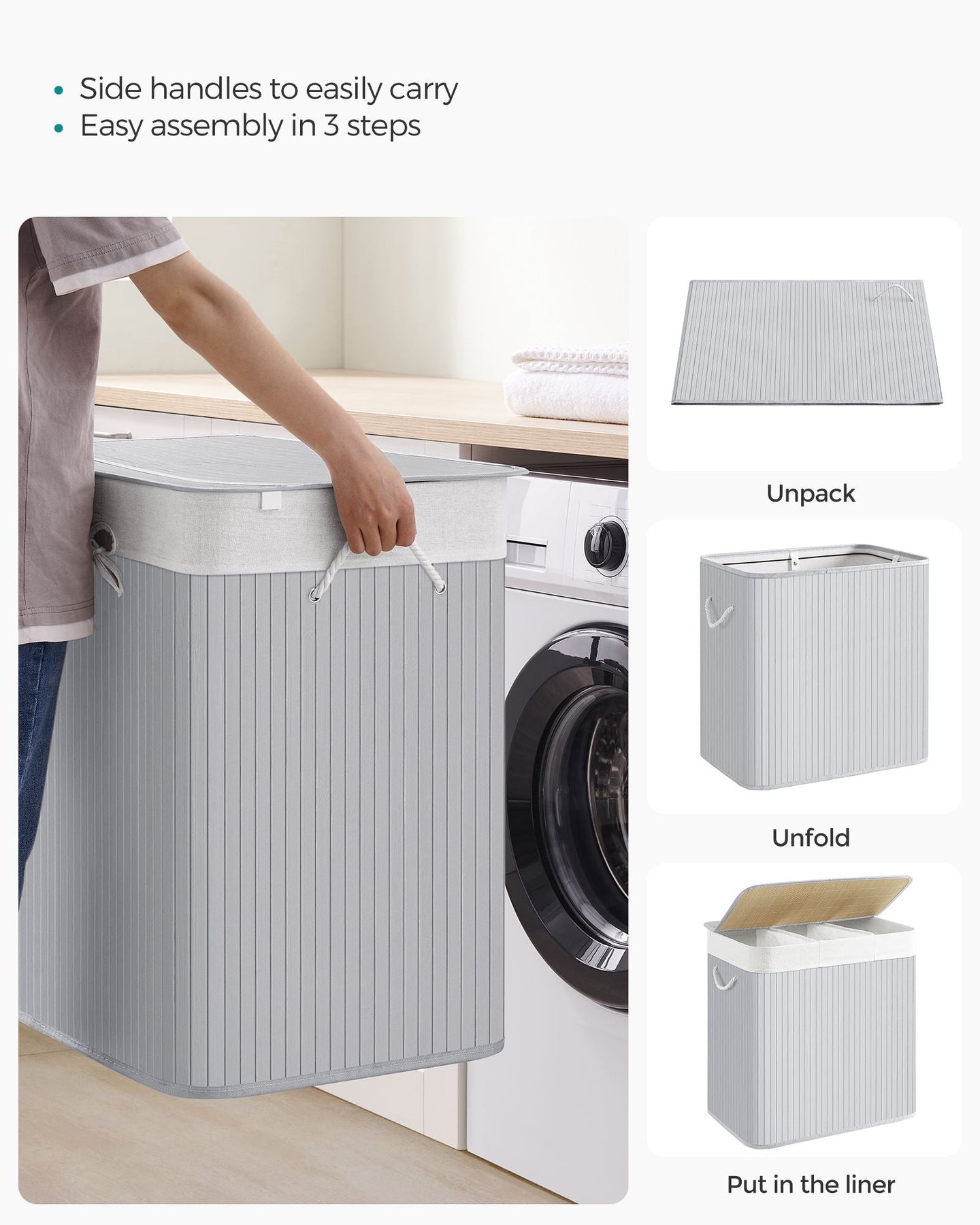 Laundry Hamper - Fabric - Natural - 3 Sections with Clip-on Lid and Handles