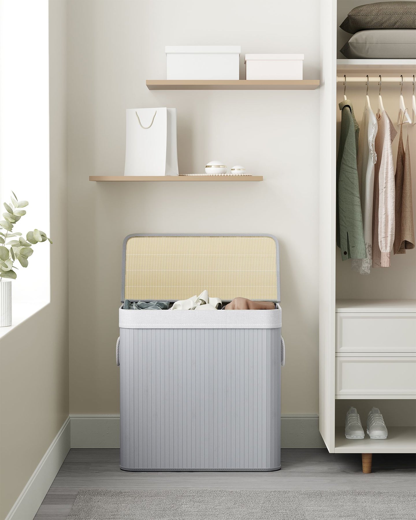 Laundry Hamper - Fabric - Natural - 3 Sections with Clip-on Lid and Handles