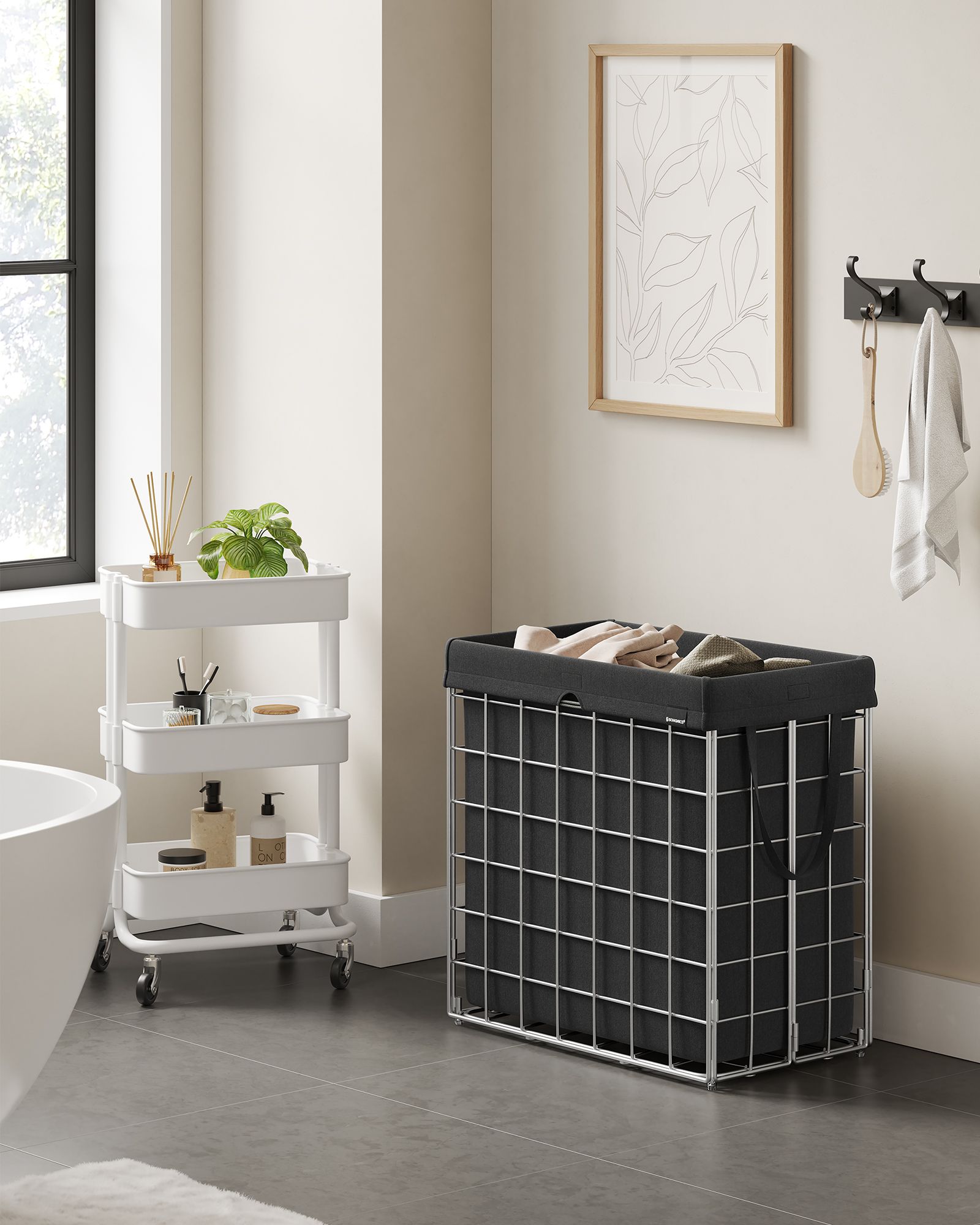 Laundry Basket - Metal Wire Frame - Silver and Classic Black - Collapsible with Removable and Washable Liner