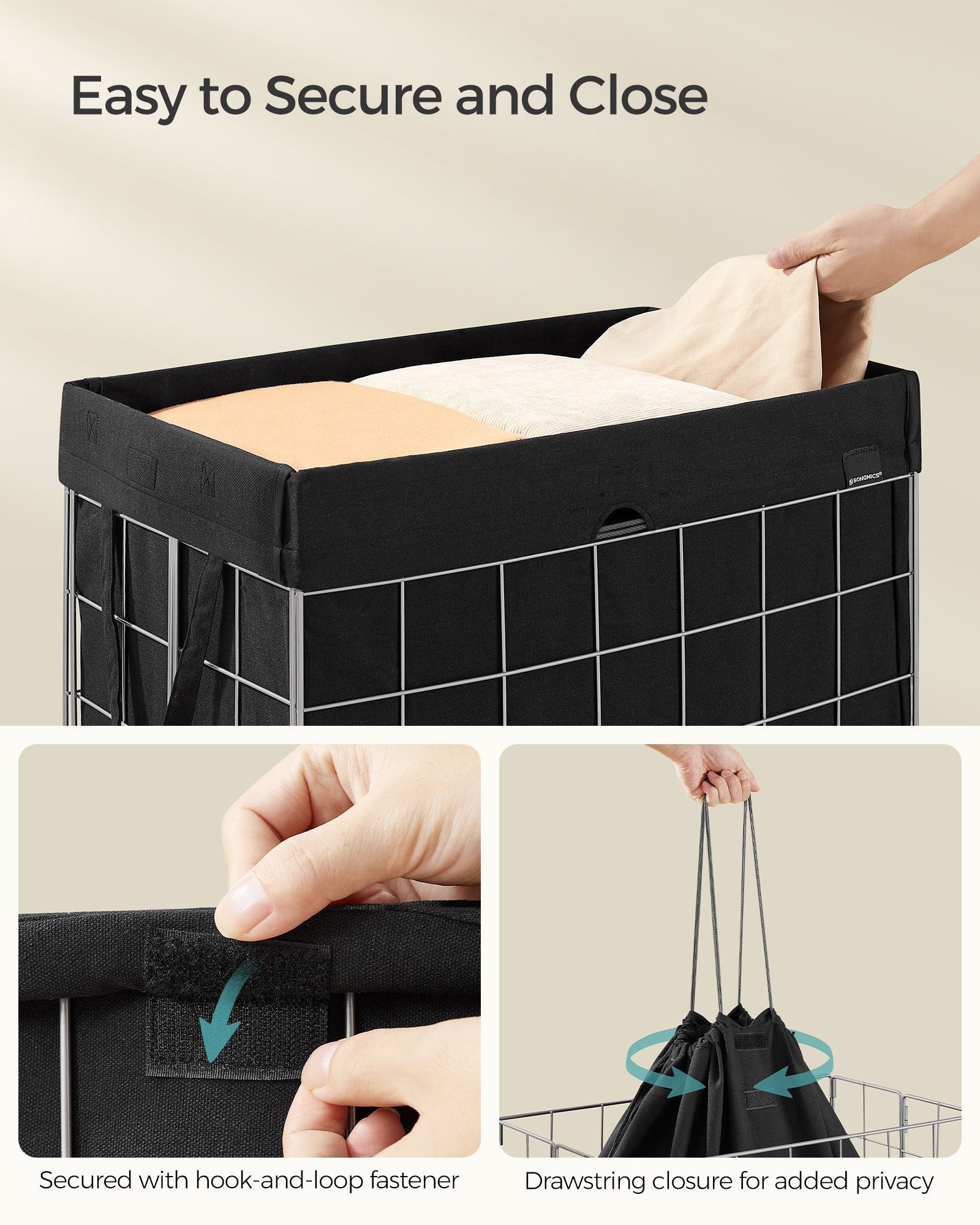Laundry Basket - Metal Wire Frame - Silver and Classic Black - Collapsible with Removable and Washable Liner
