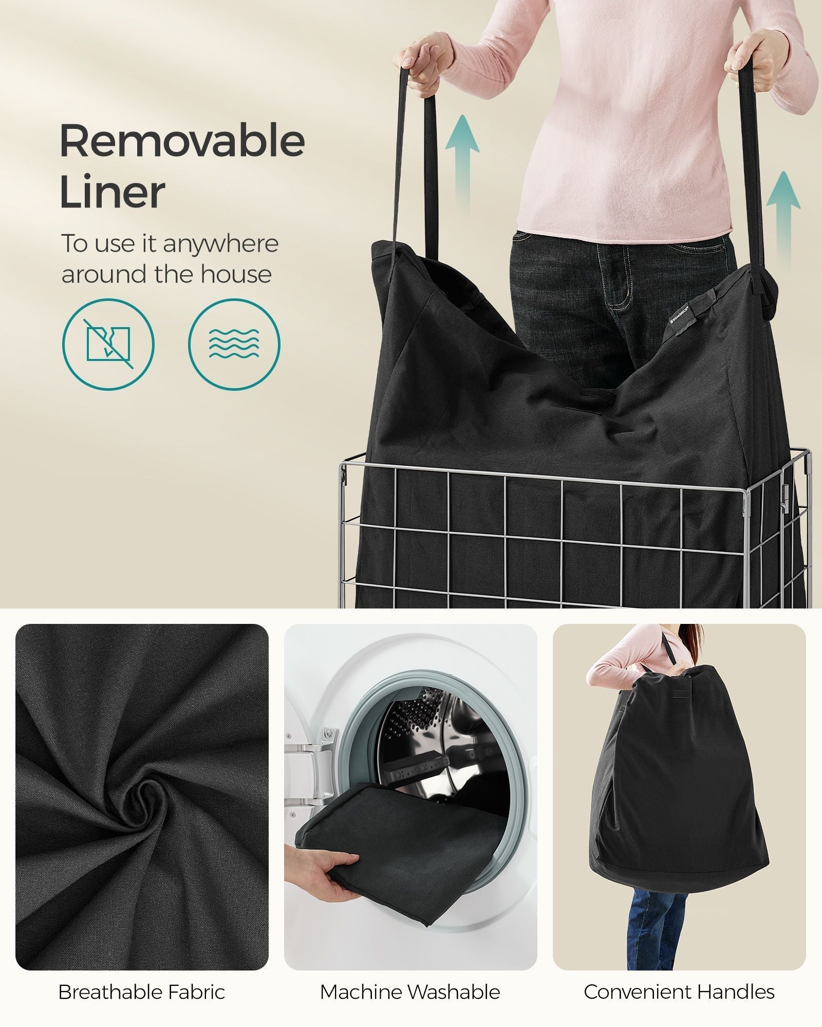 Laundry Basket - Metal Wire Frame - Silver and Classic Black - Collapsible with Removable and Washable Liner