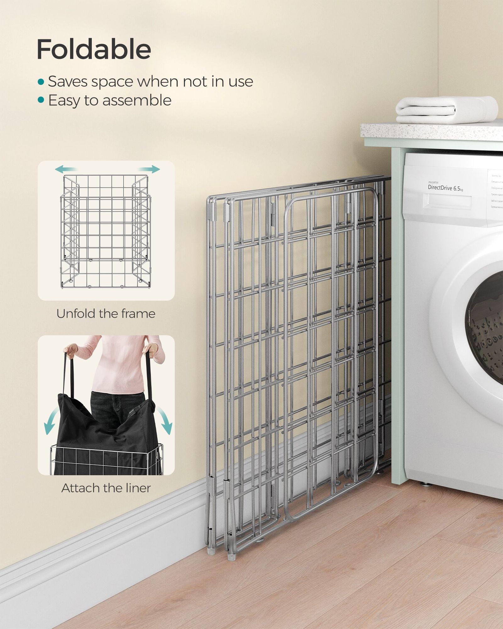Laundry Basket - Metal Wire Frame - Silver and Classic Black - Collapsible with Removable and Washable Liner