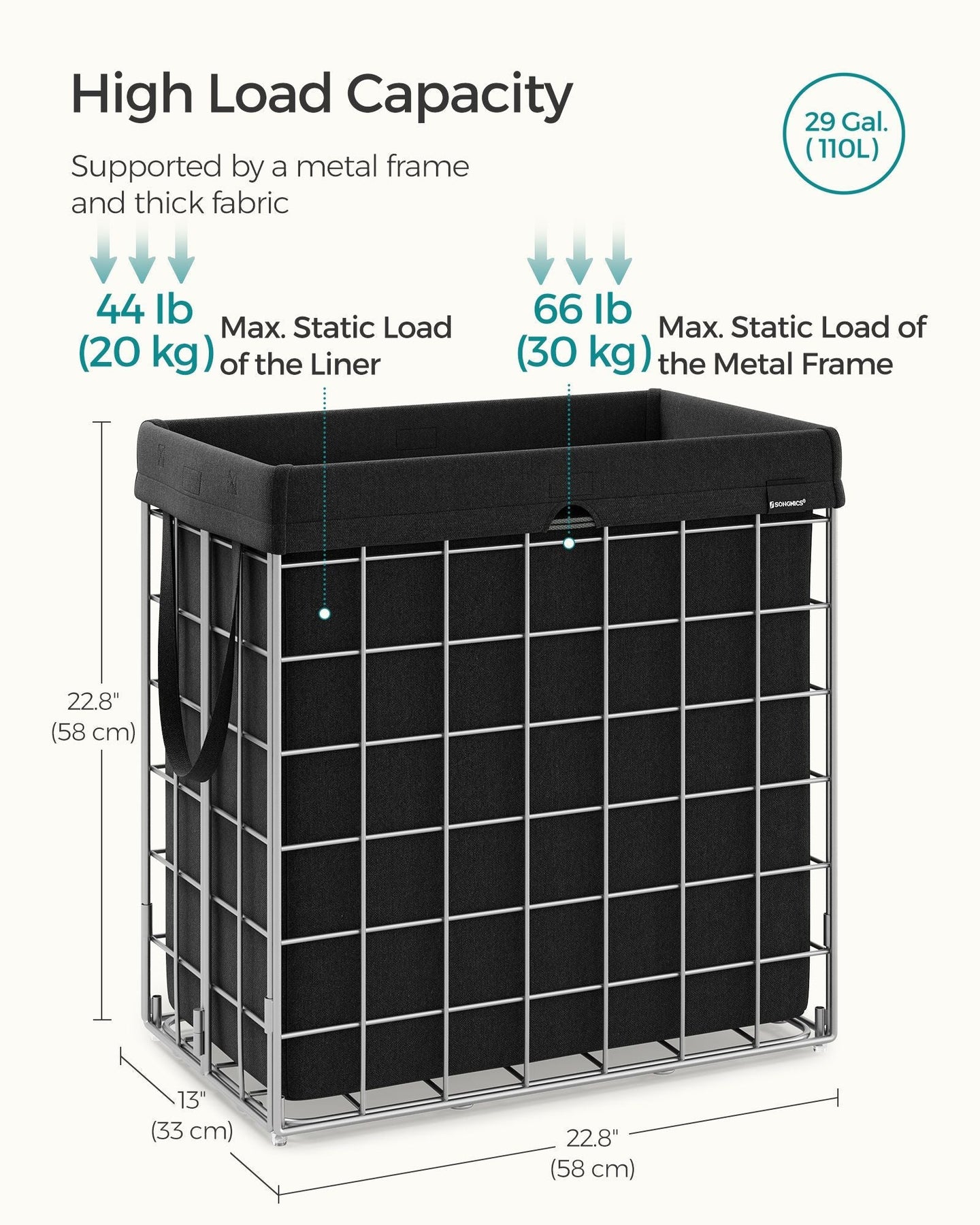 Laundry Basket - Metal Wire Frame - Silver and Classic Black - Collapsible with Removable and Washable Liner