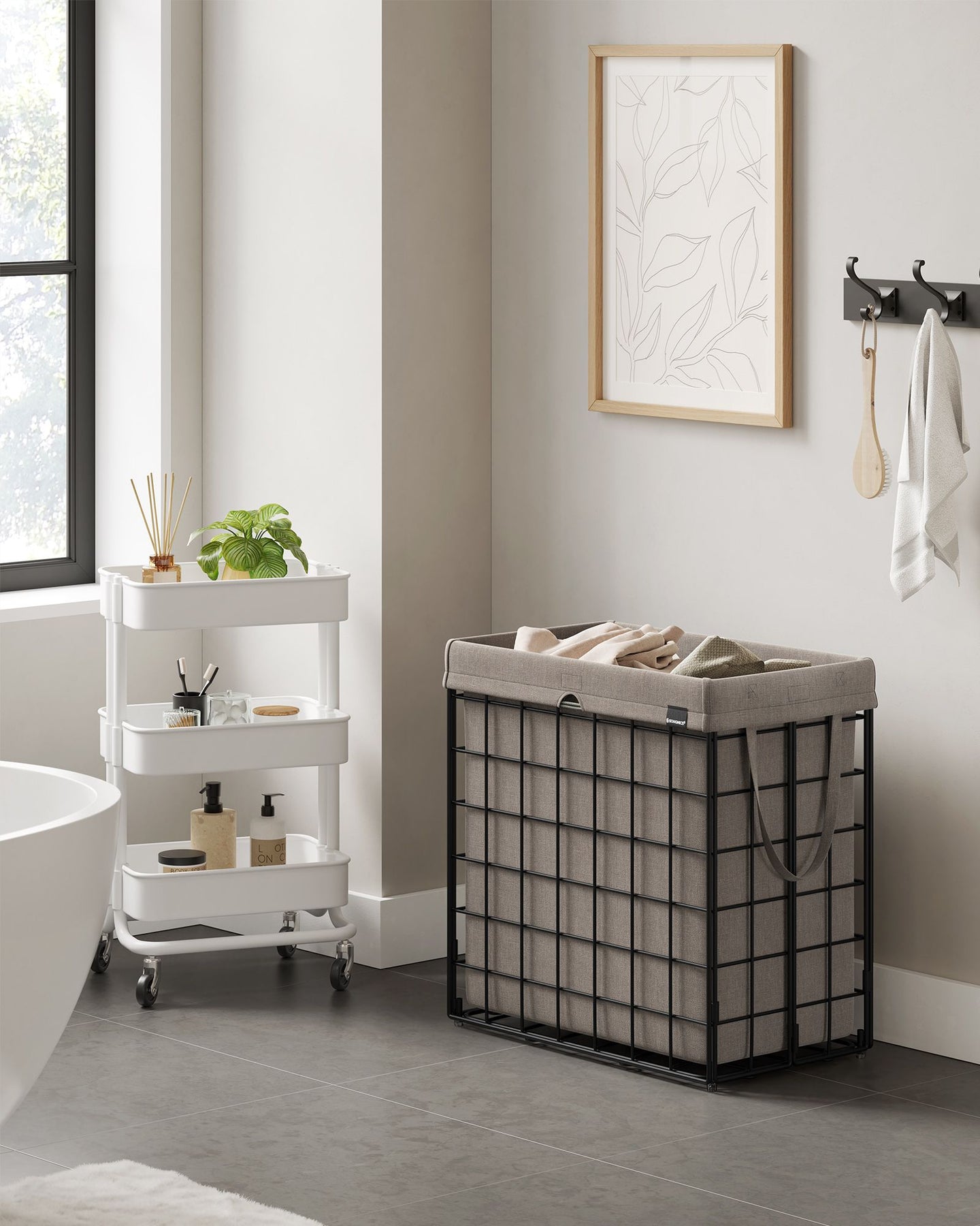 Laundry Basket - Metal Wire Frame - Black and Camel Brown - Collapsible
