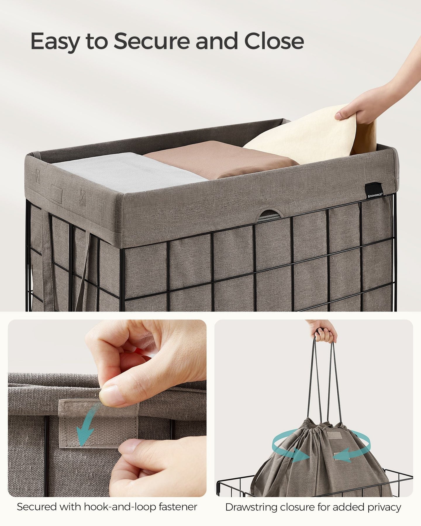 Laundry Basket - Metal Wire Frame - Black and Camel Brown - Collapsible