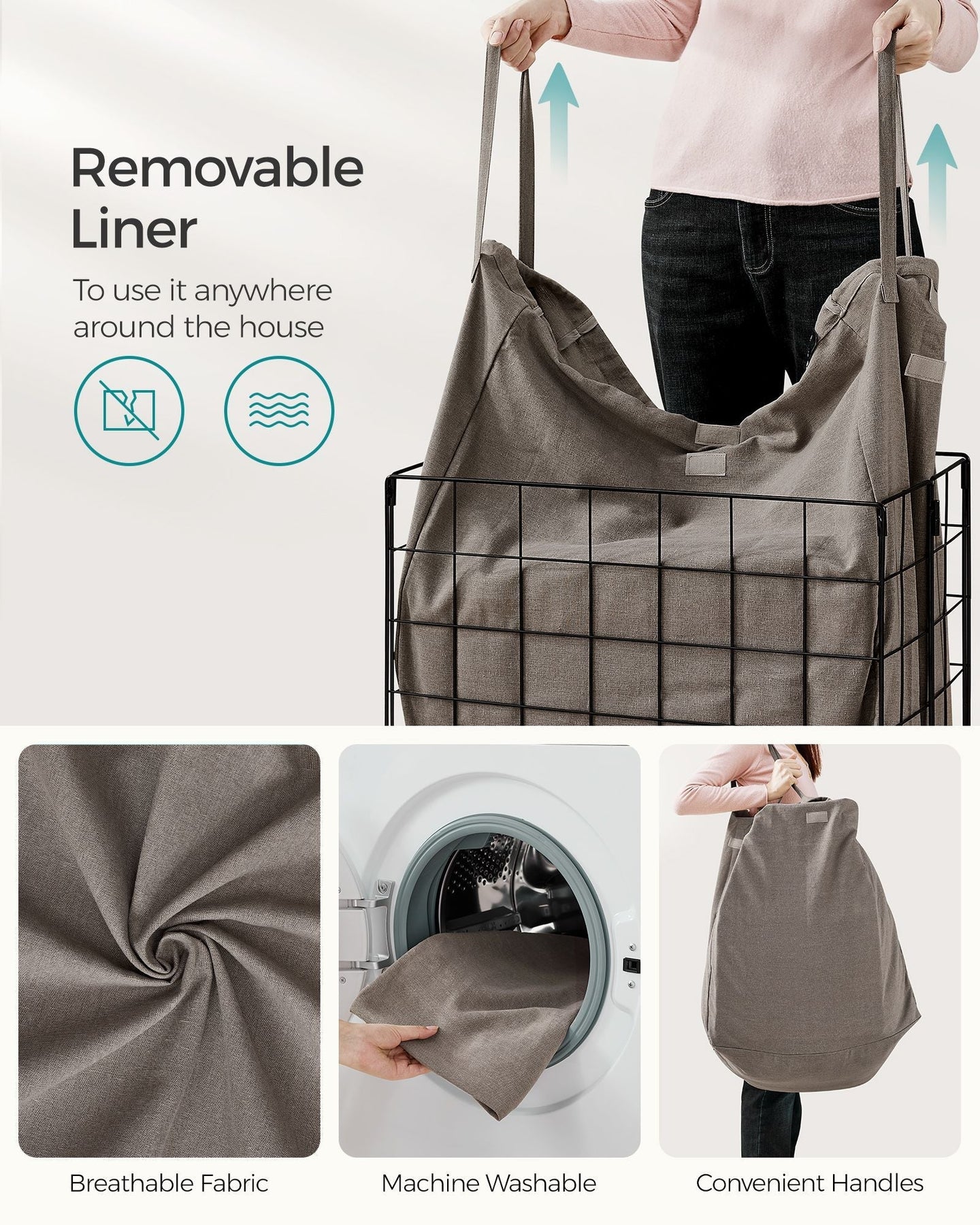 Laundry Basket - Metal Wire Frame - Black and Camel Brown - Collapsible