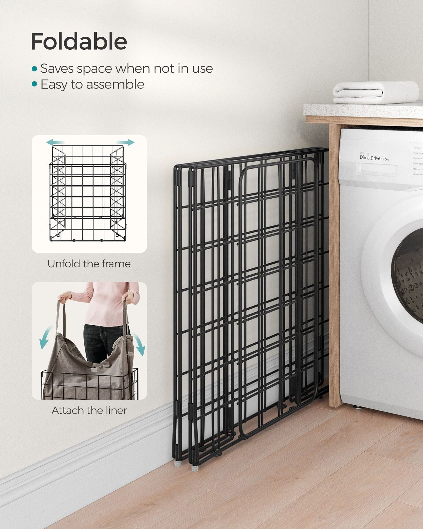 Laundry Basket - Metal Wire Frame - Black and Camel Brown - Collapsible