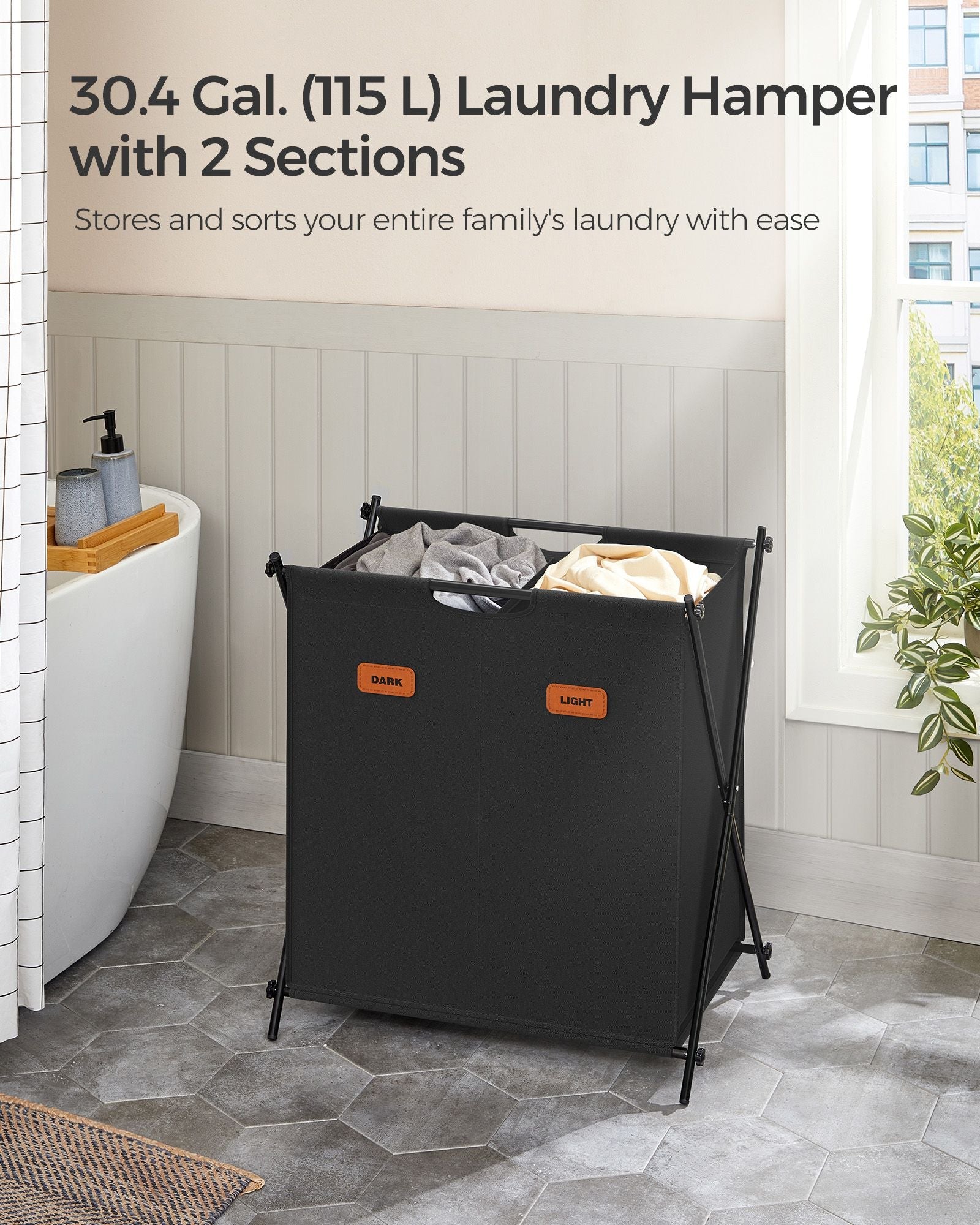 Laundry Hamper - Fabric - Ink Black - 115 L Capacity with 2 Sections and Collapsible X-Frame