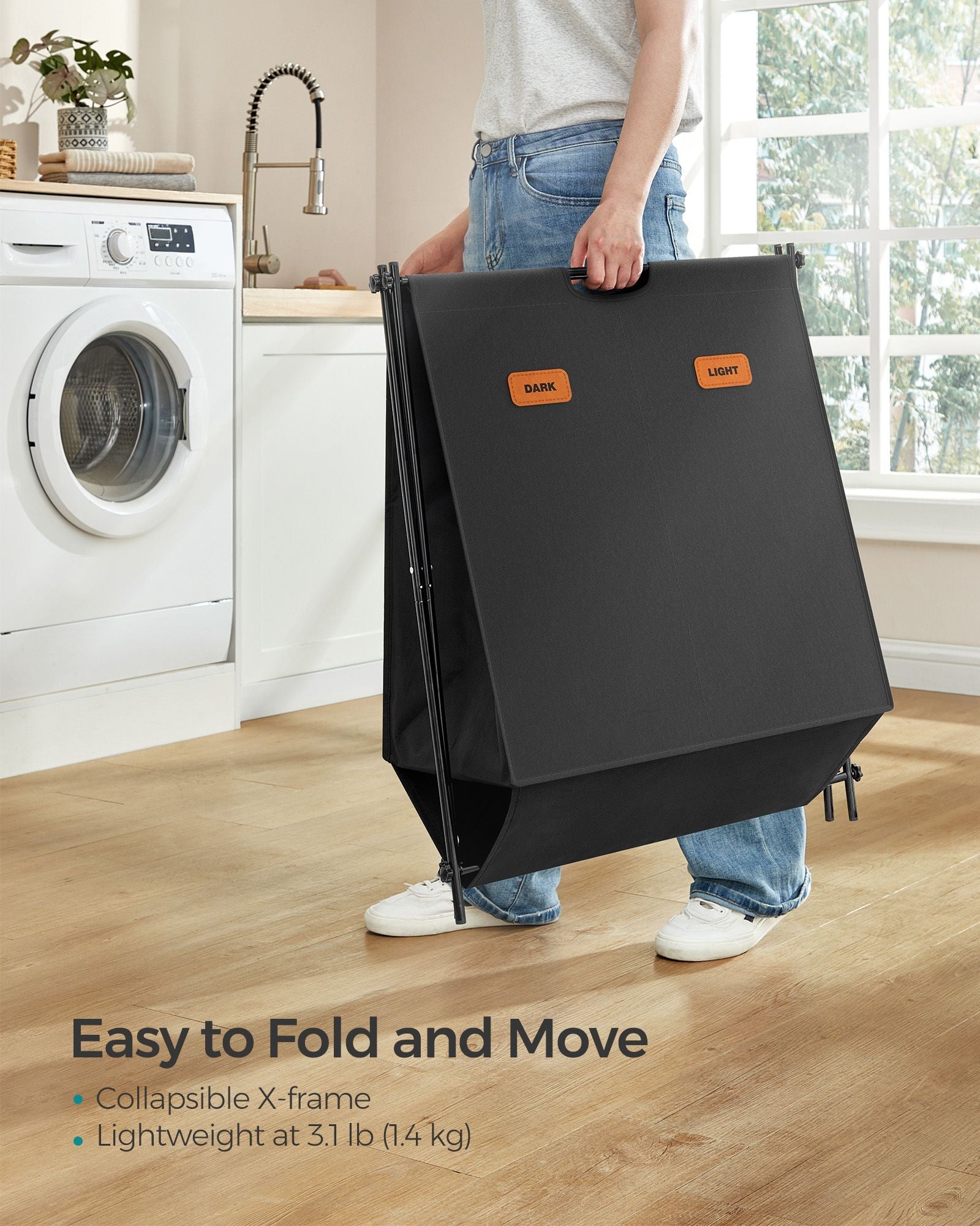 Laundry Hamper - Fabric - Ink Black - 115 L Capacity with 2 Sections and Collapsible X-Frame