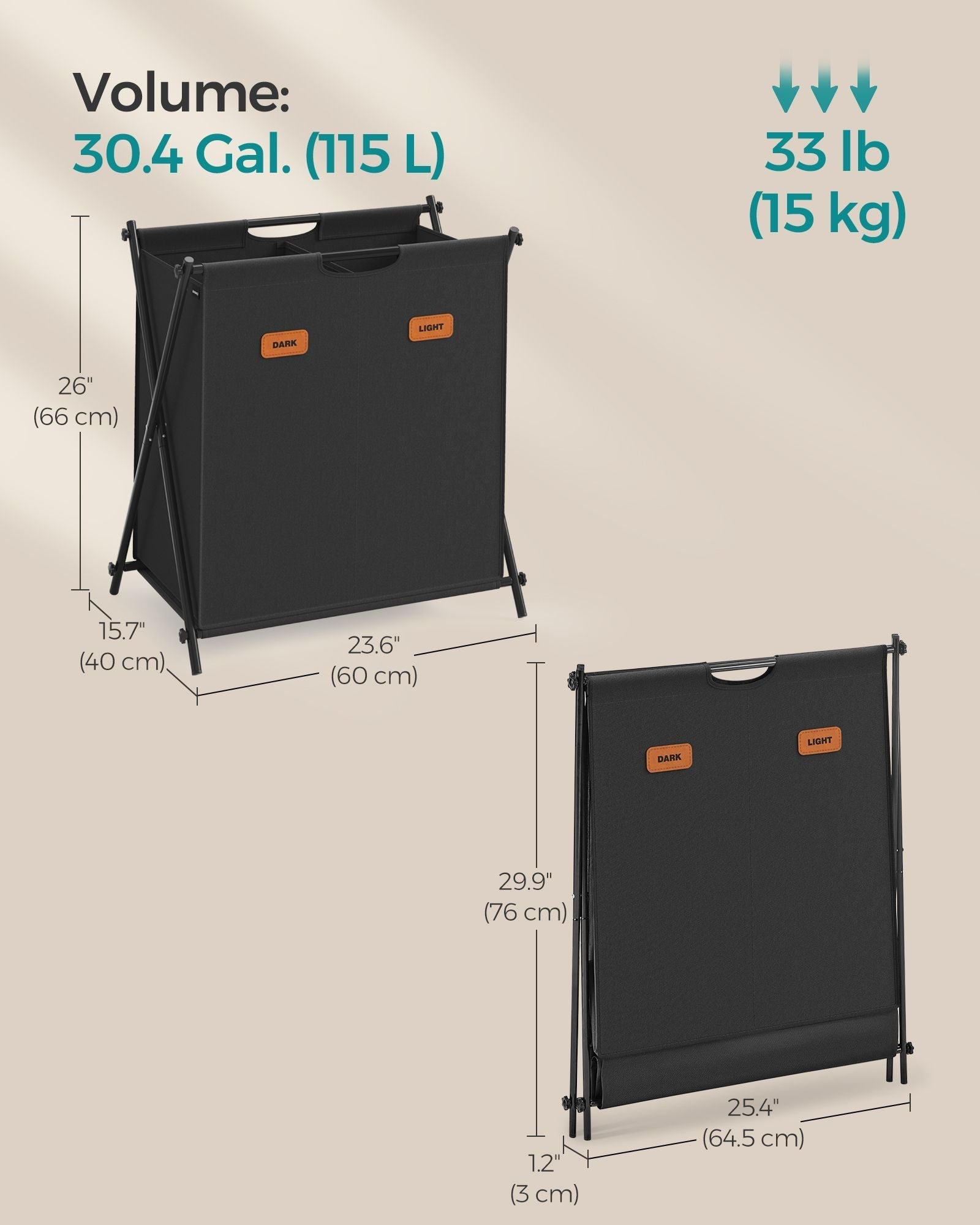 Laundry Hamper - Fabric - Ink Black - 115 L Capacity with 2 Sections and Collapsible X-Frame