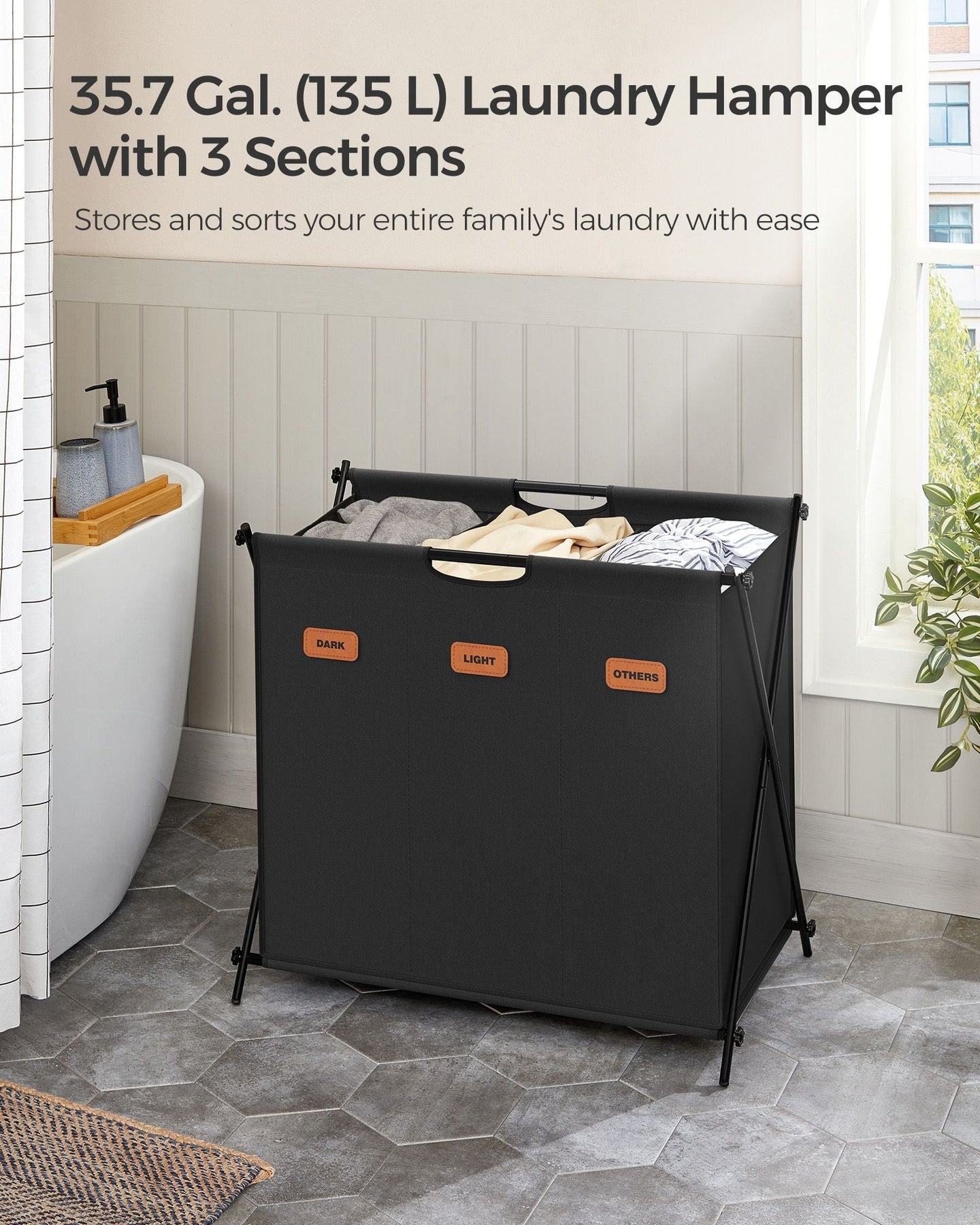 Laundry Hamper - Fabric - Ink Black - 3 Sections with Collapsible X-Frame