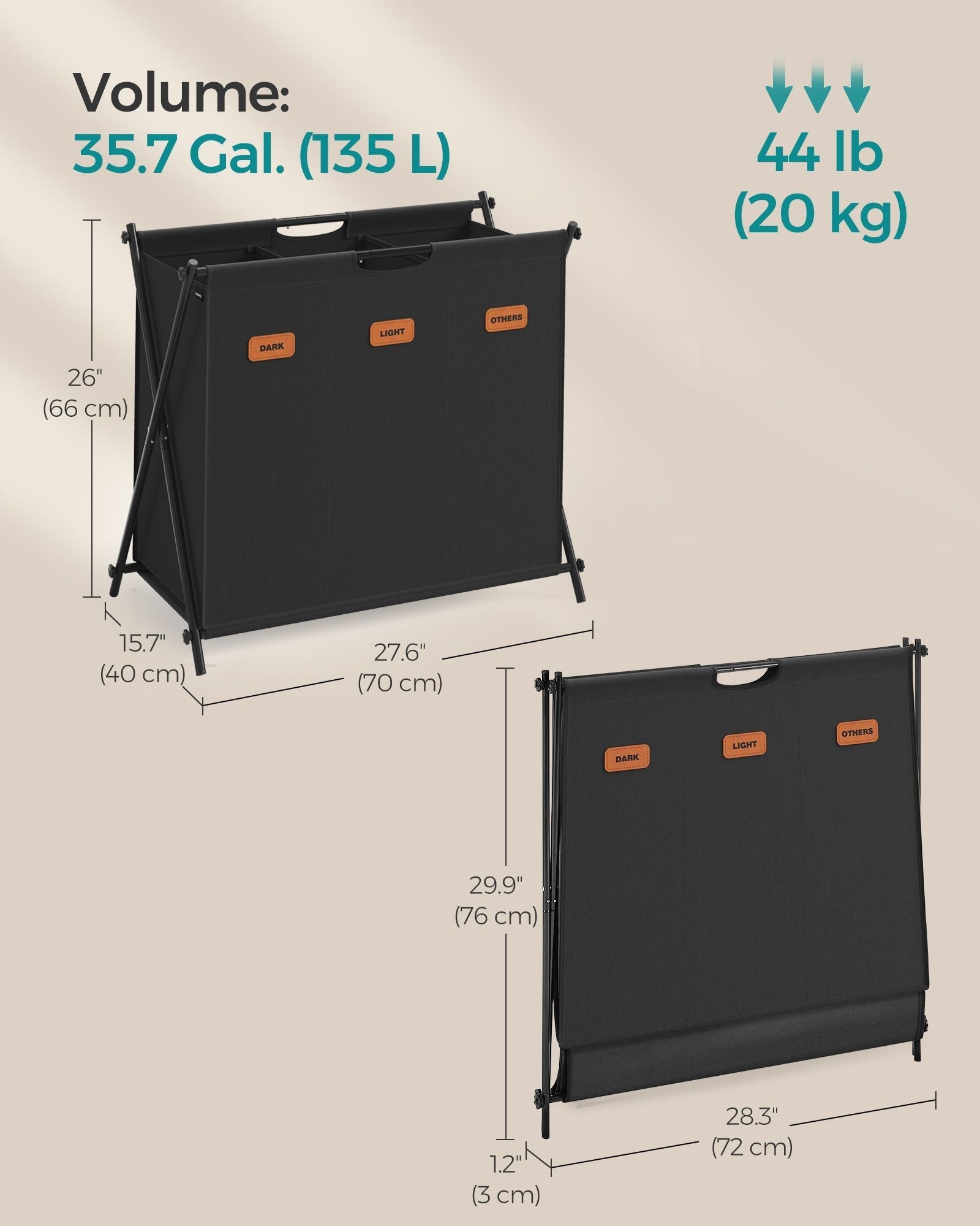 Laundry Hamper - Fabric - Ink Black - 3 Sections with Collapsible X-Frame