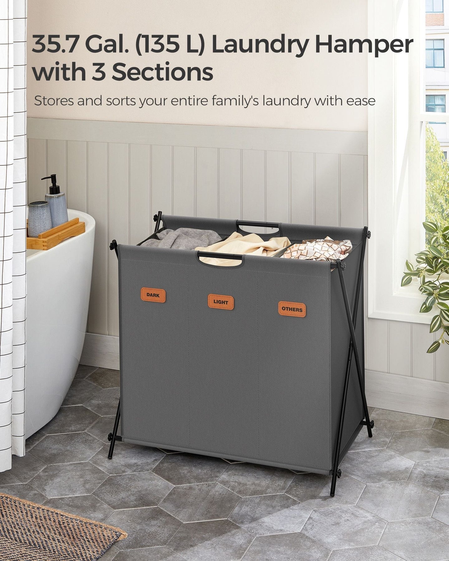 Laundry Hamper - Fabric - Slate Grey - 3-Section X-Frame Design