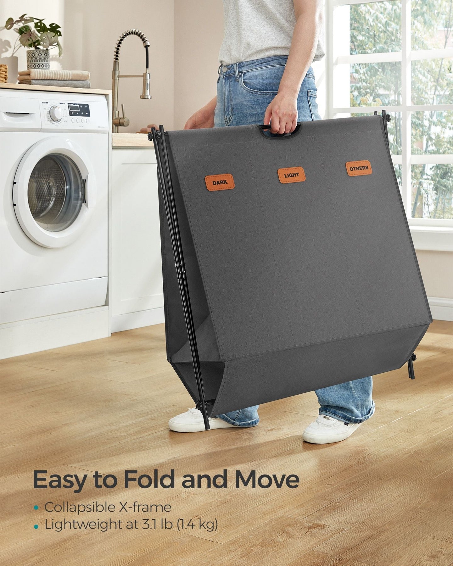 Laundry Hamper - Fabric - Slate Grey - 3-Section X-Frame Design