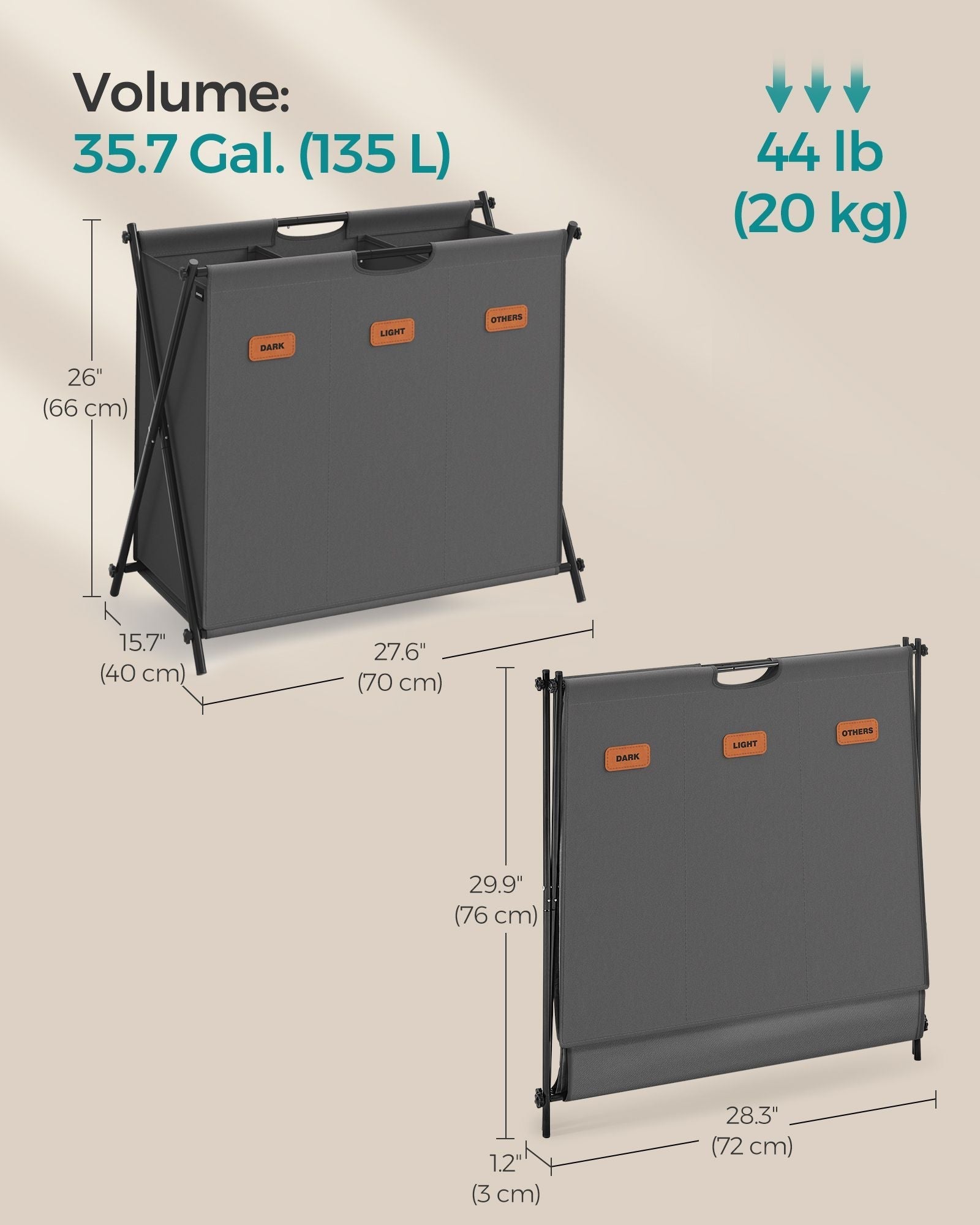 Laundry Hamper - Fabric - Slate Grey - 3-Section X-Frame Design