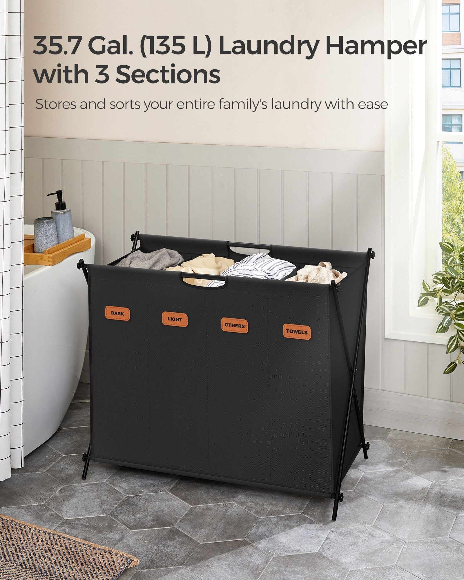 Laundry Hamper - Fabric - Ink Black - 4-Section Design with X-Frame