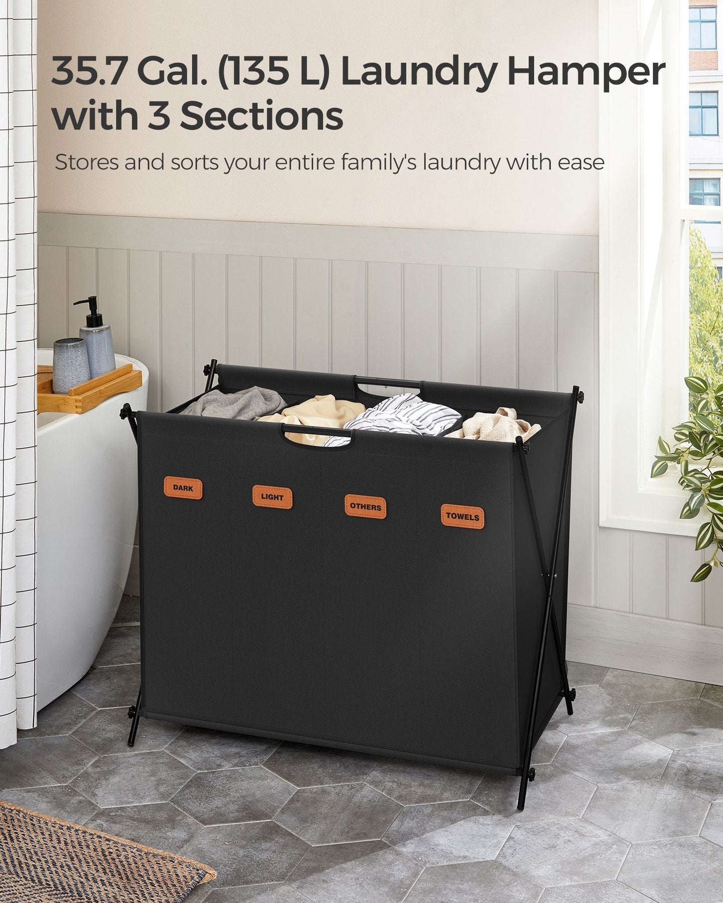 Laundry Hamper - Fabric - Ink Black - 4-Section Design with X-Frame