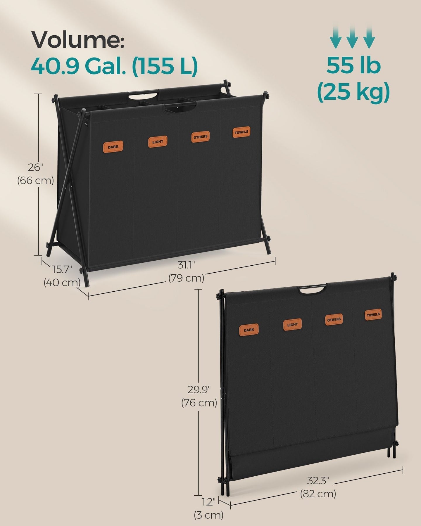 Laundry Hamper - Fabric - Ink Black - 4-Section Design with X-Frame