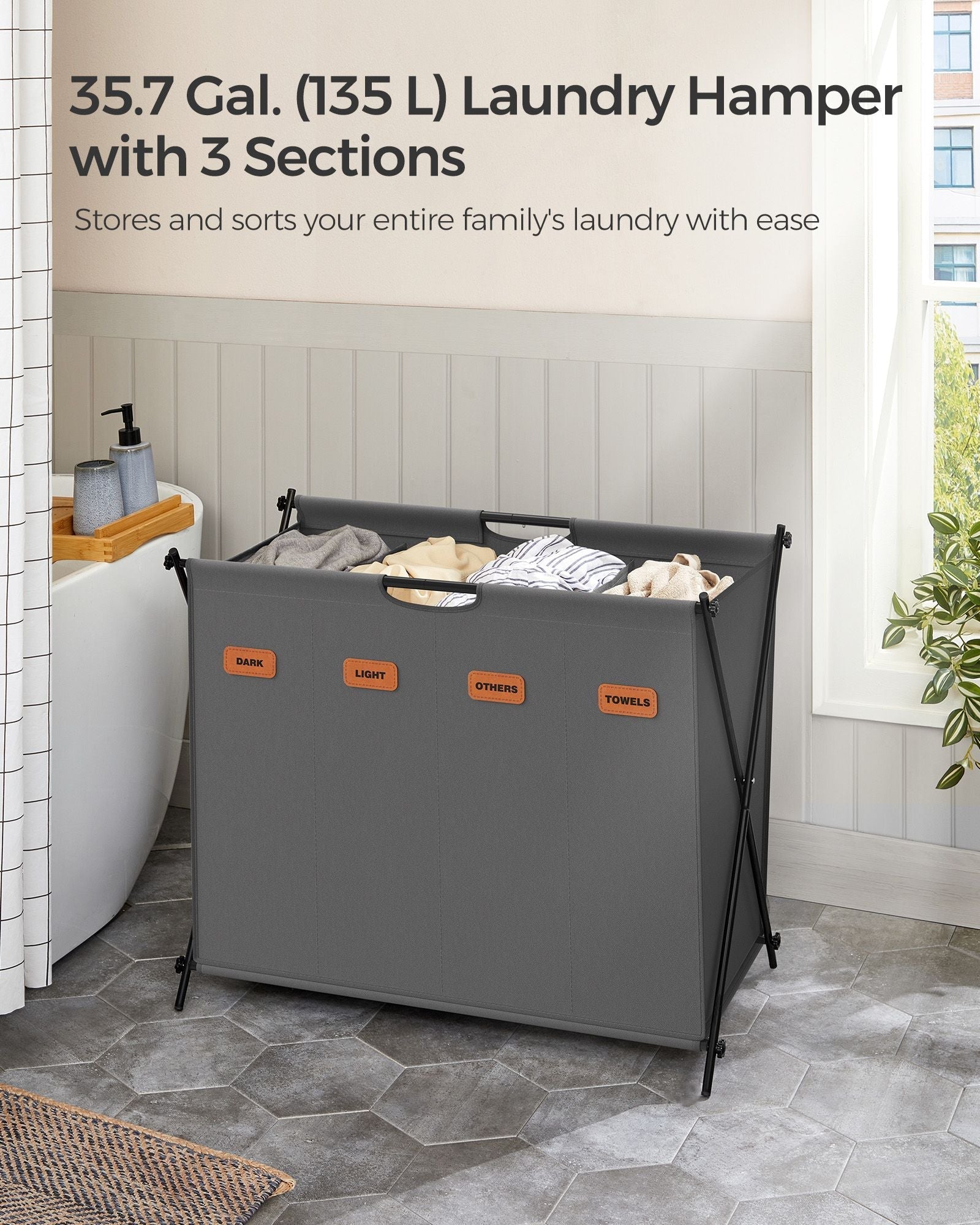 Laundry Hamper - Fabric - Slate Grey - 4 Sections with Collapsible X-Frame