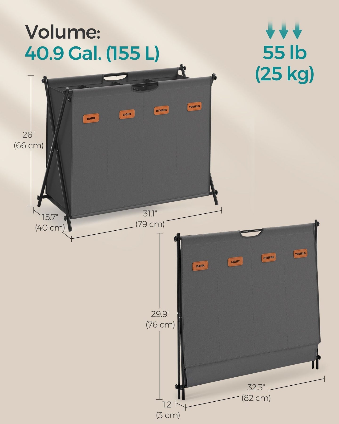 Laundry Hamper - Fabric - Slate Grey - 4 Sections with Collapsible X-Frame