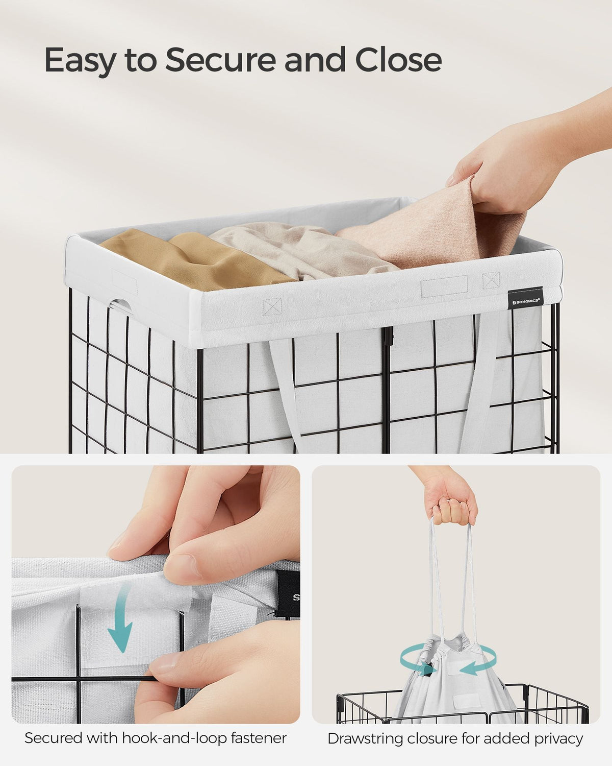 Collapsible Laundry Basket - 50L - Metal Wire Frame - Removable and Washable Liner
