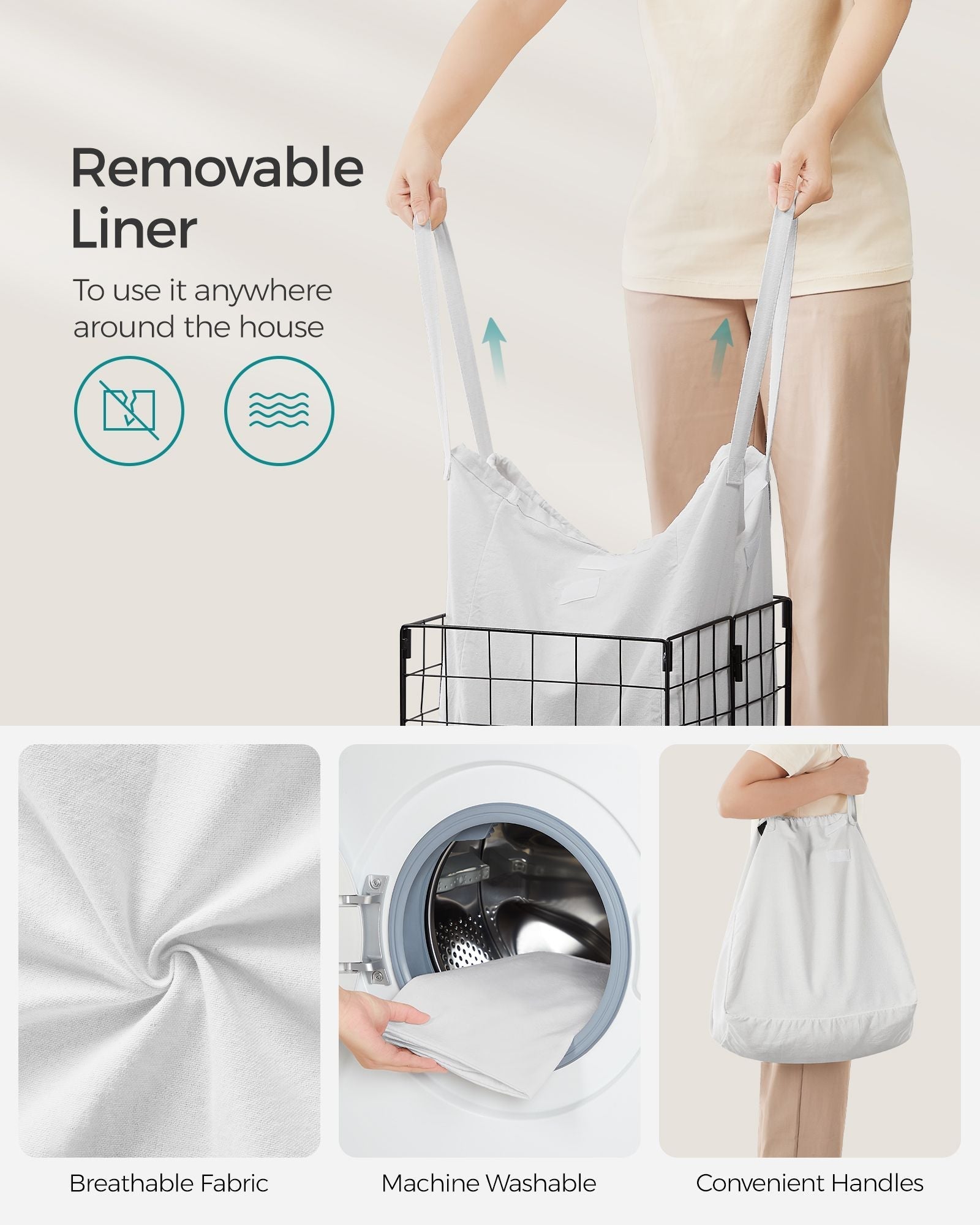 Collapsible Laundry Basket - 50L - Metal Wire Frame - Removable and Washable Liner
