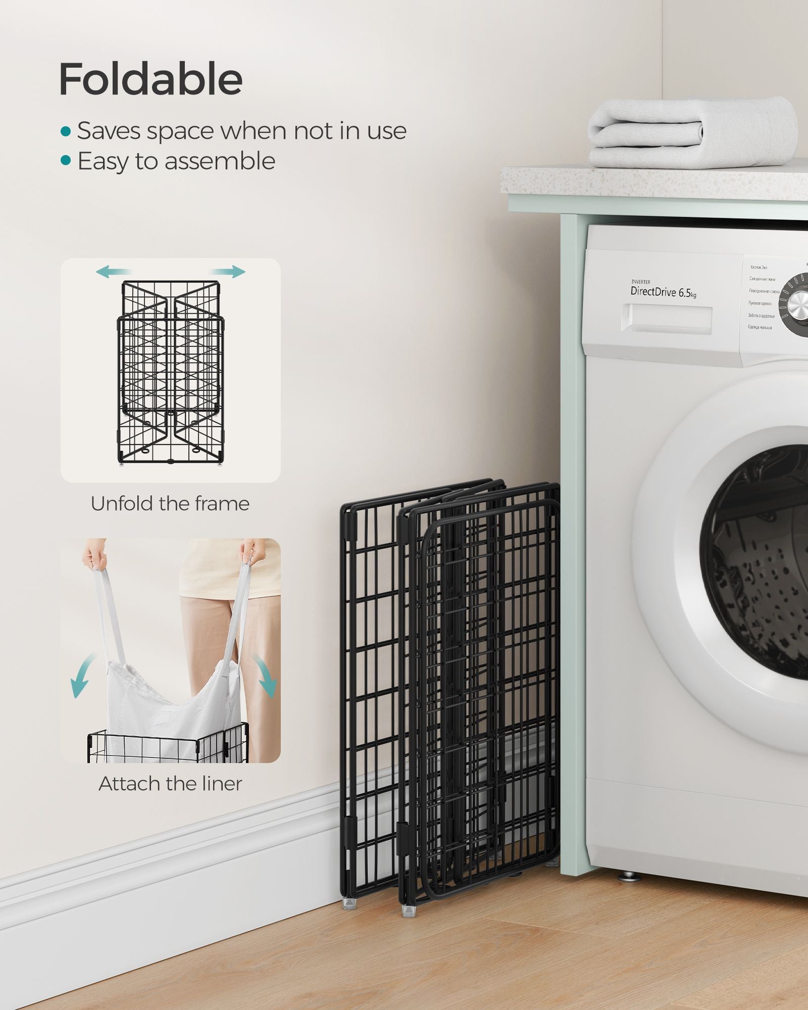 Collapsible Laundry Basket - 50L - Metal Wire Frame - Removable and Washable Liner