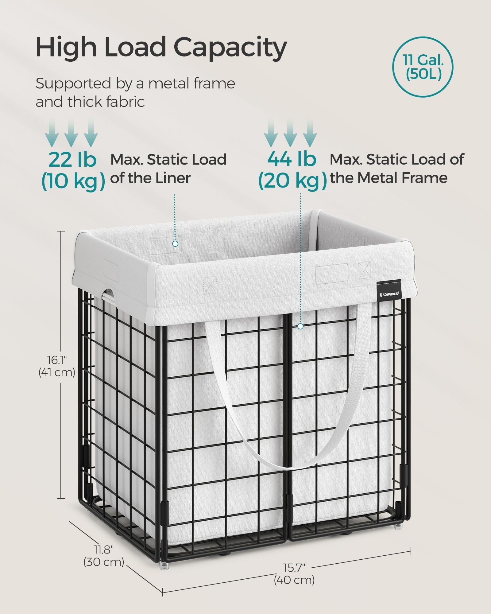 Collapsible Laundry Basket - 50L - Metal Wire Frame - Removable and Washable Liner